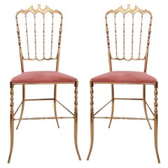 Vintage Pair of Italian Massive Brass Chairs by Chiavari, Upholstery Pink Velvet