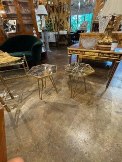 Pair of Italian MCM Brass and Marble Hex Tables