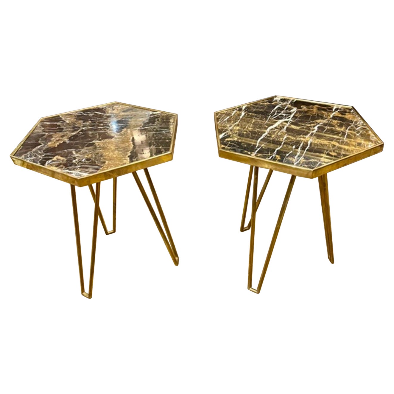 Pair of Italian MCM Brass and Marble Hex Tables For Sale