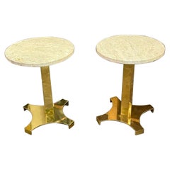 Pair of Italian MCM Brass and Travertine Side Tables