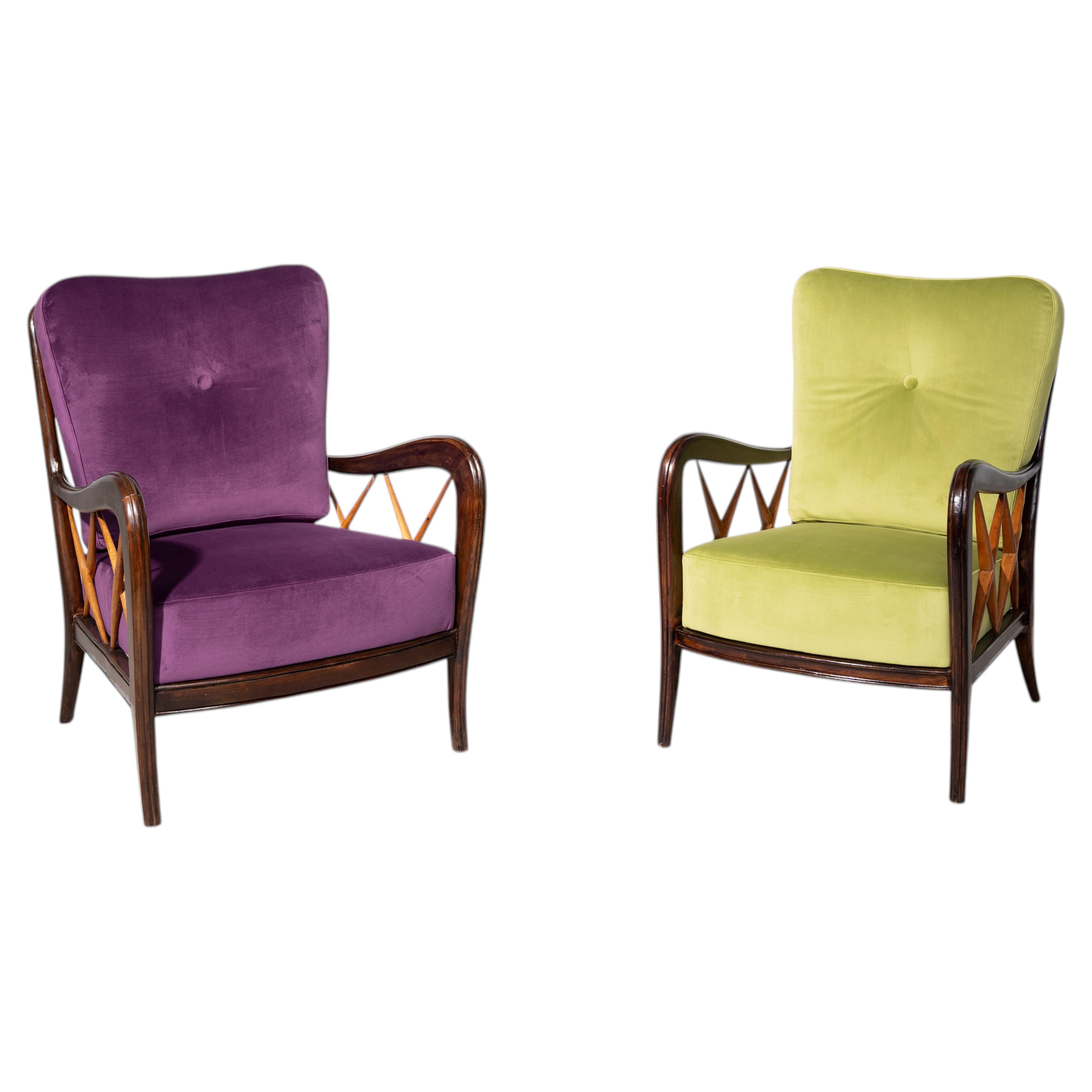 Pair of Italian MCM Contrasting Velvet Armchairs by Paolo Buffa, Italy, 1950s