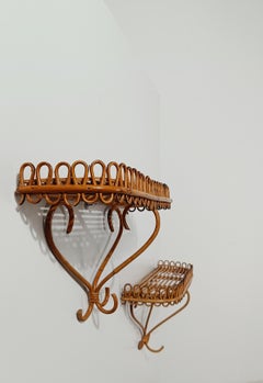 Pair of Italian Md 20th Century Wall Shelf / Console Table in Cane & Rattan