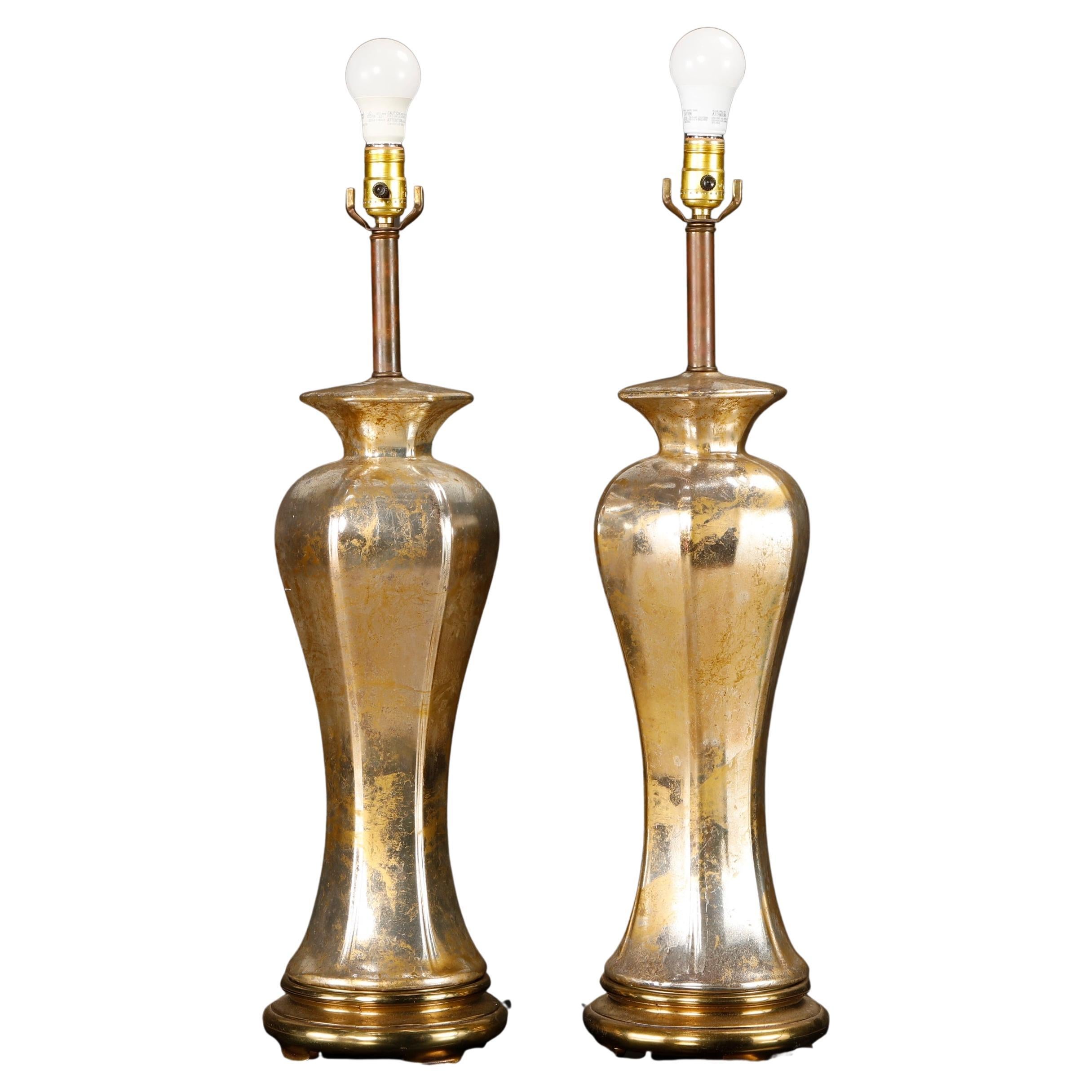 Pair of Italian Mercury Glass Table Lamps with Gilt Brass Bases, Murano, c 1950s