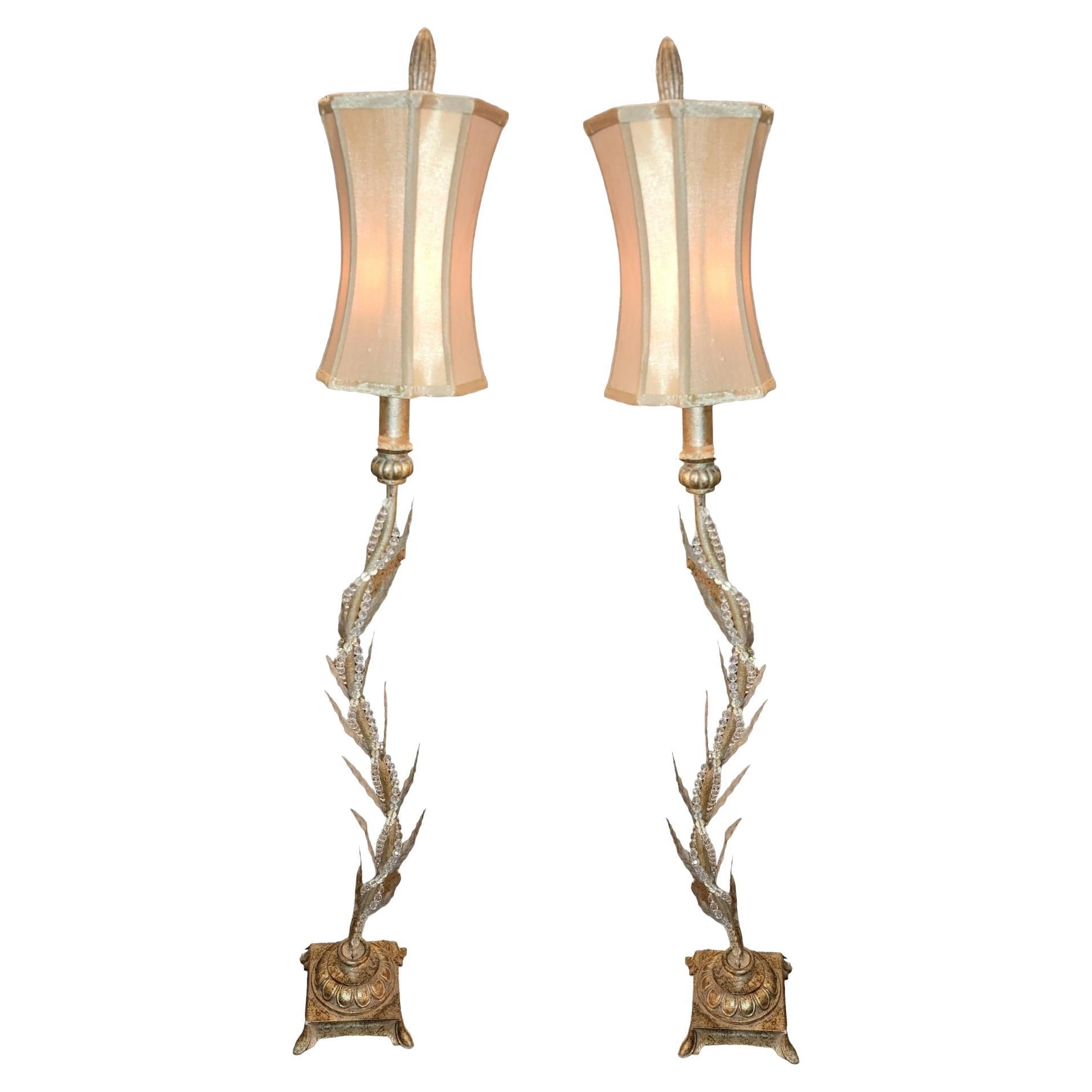 Pair of Italian Metal and Bead Tall Table Lamps