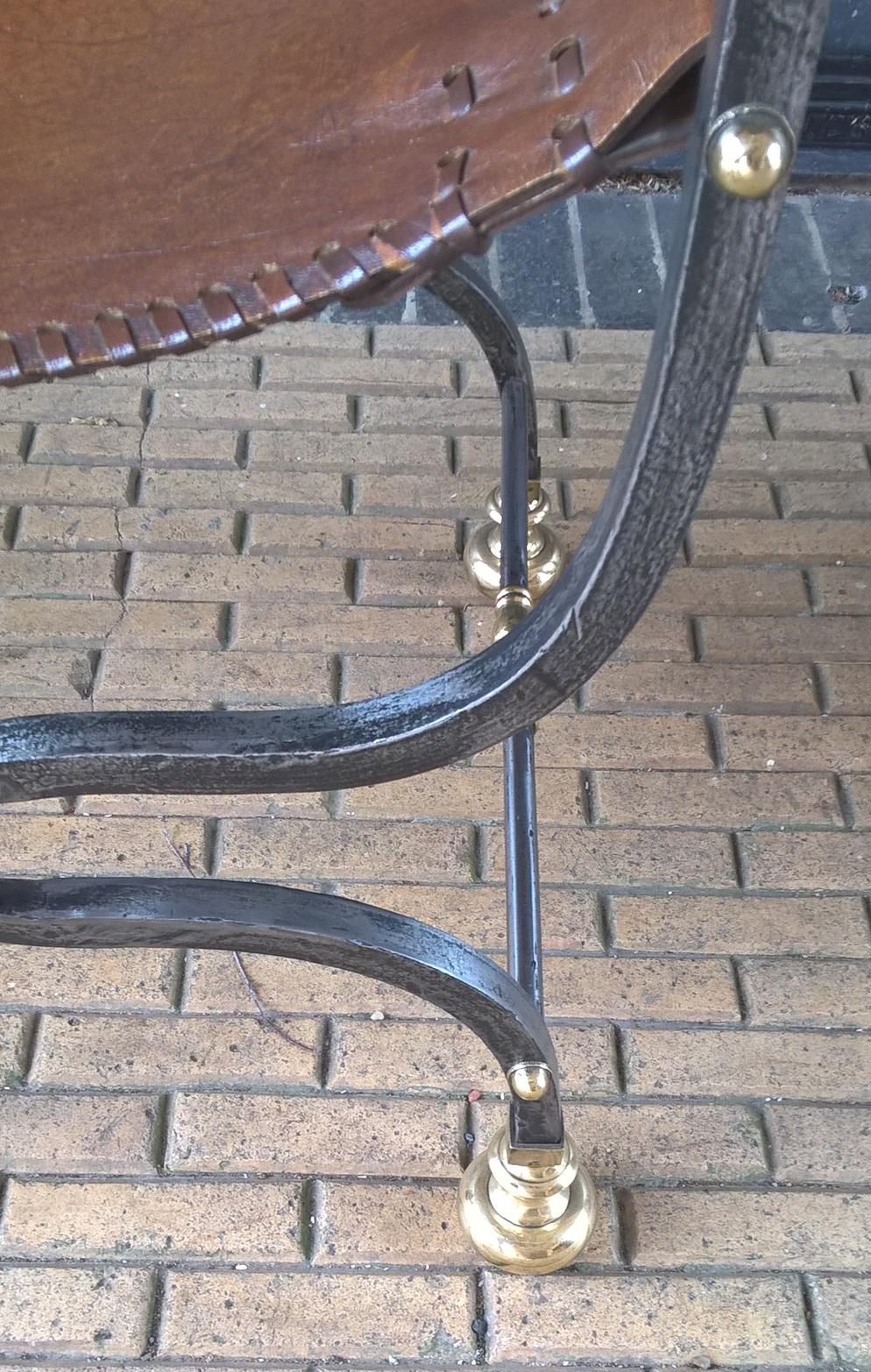 Pair of Italian Wrought Iron, Brass & Leather Armchairs For Sale 5