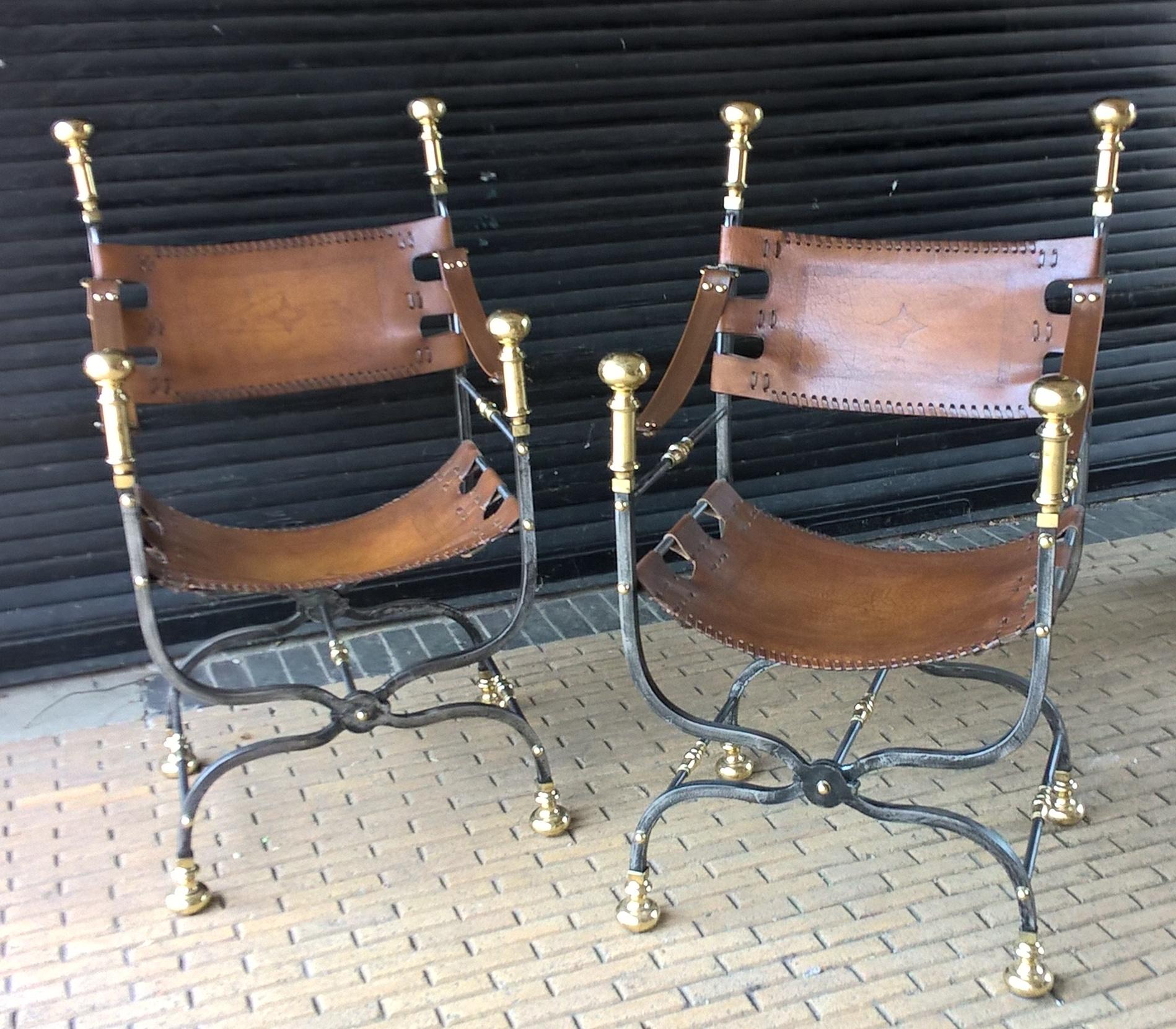 Pair of Italian Wrought Iron, Brass & Leather Armchairs For Sale 6