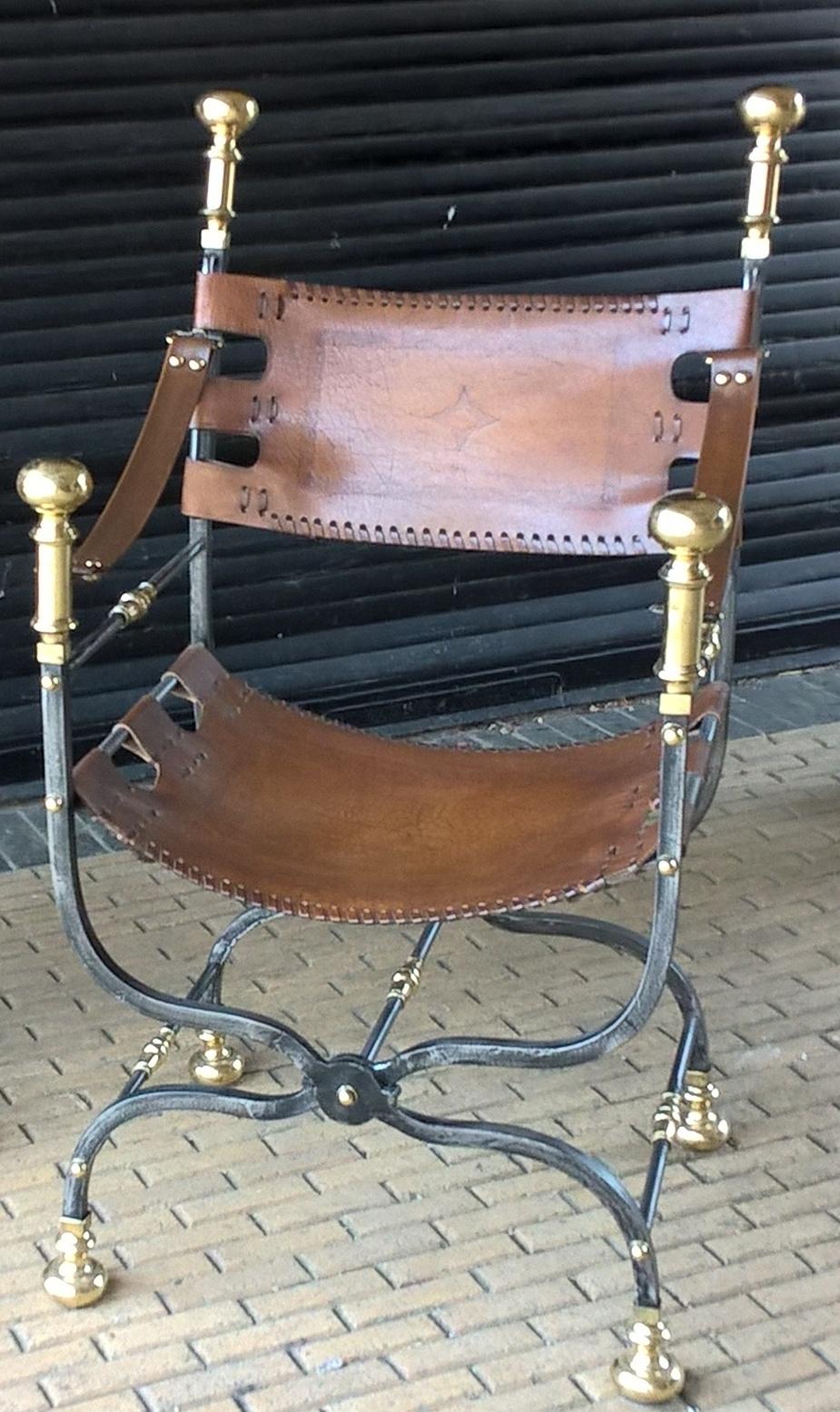 Pair of Italian Wrought Iron, Brass & Leather Armchairs im Angebot 5