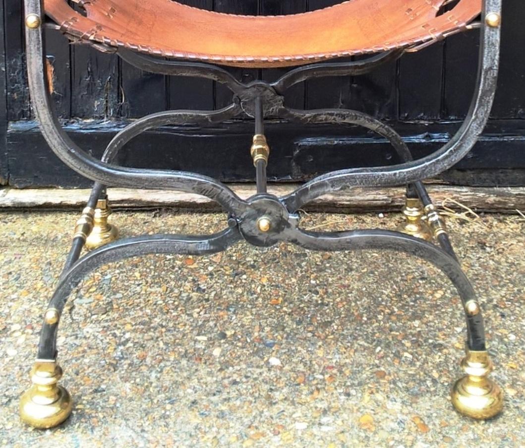 Pair of Italian Wrought Iron, Brass & Leather Armchairs For Sale 9