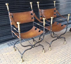 Pair of Italian Wrought Iron, Brass & Leather Armchairs