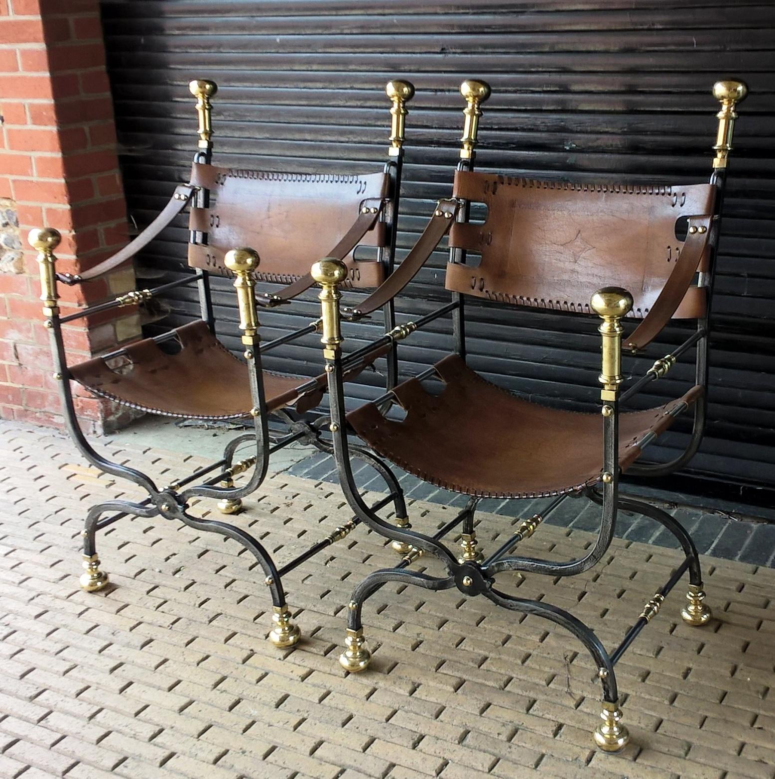 Renaissance Pair of Italian Wrought Iron, Brass & Leather Armchairs For Sale