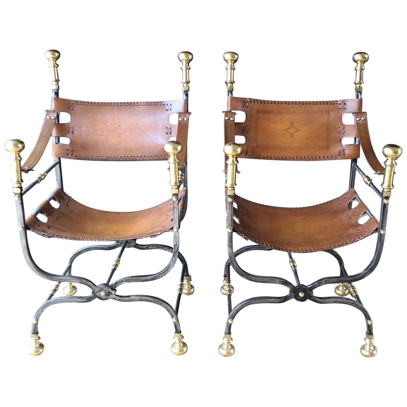 Pair of Italian Wrought Iron, Brass & Leather Armchairs For Sale