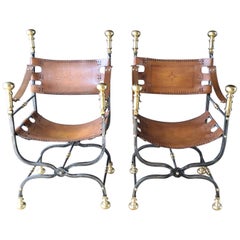 Pair of Italian Wrought Iron, Brass & Leather Armchairs