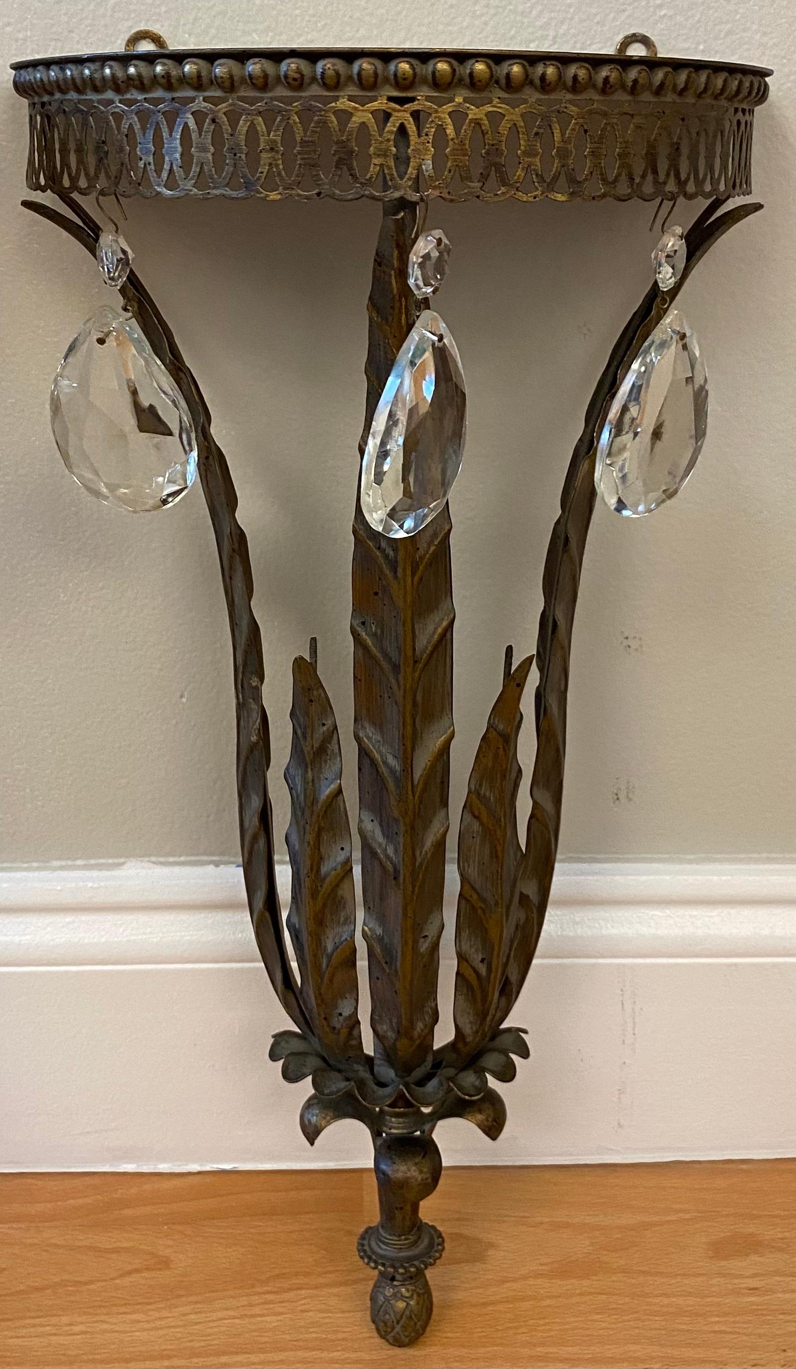 Hollywood Regency Pair of Italian Metal & Crystal Wall Brackets Shelves For Sale
