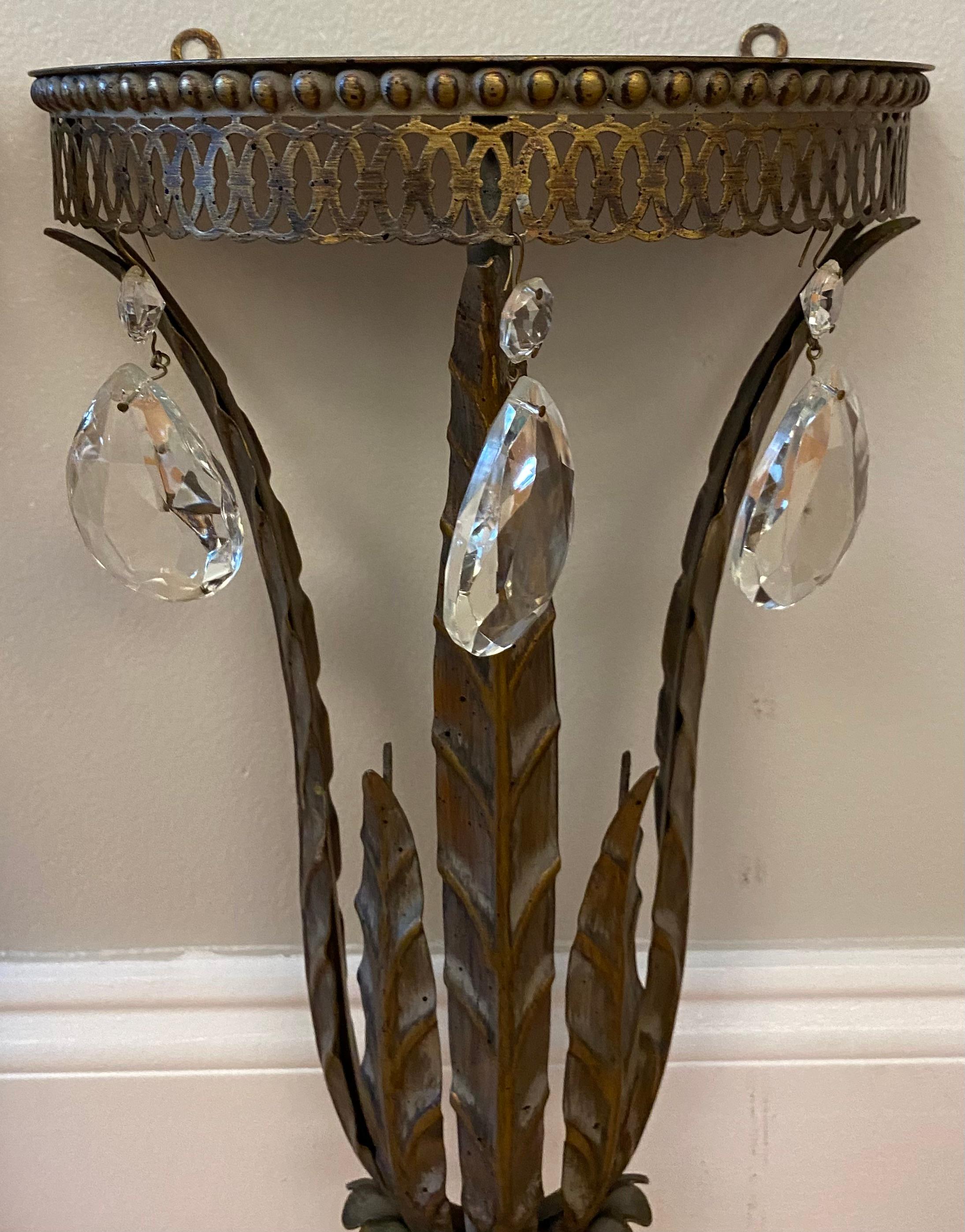 Pair of Italian Metal & Crystal Wall Brackets Shelves In Good Condition For Sale In Miami, FL