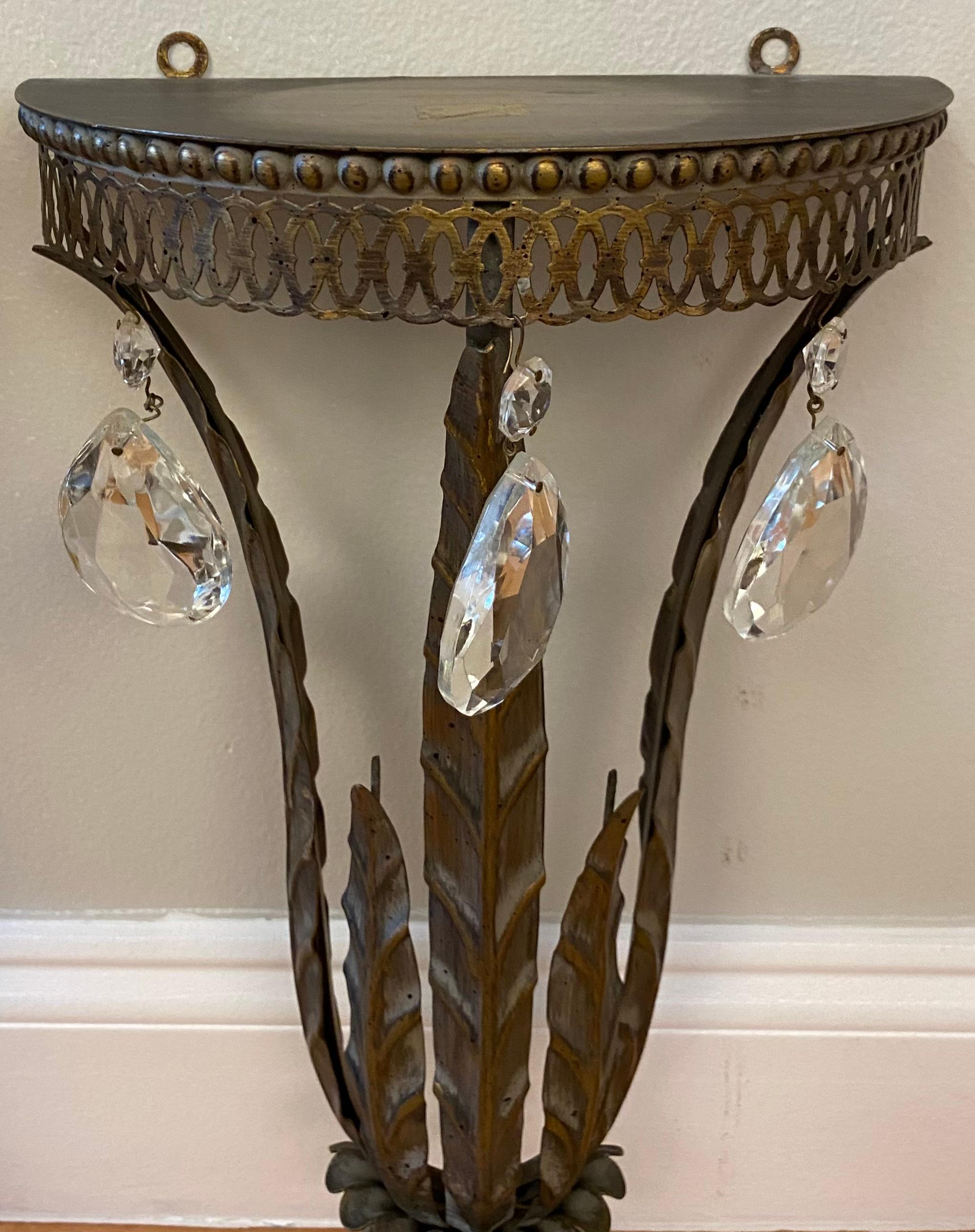 20th Century Pair of Italian Metal & Crystal Wall Brackets Shelves For Sale