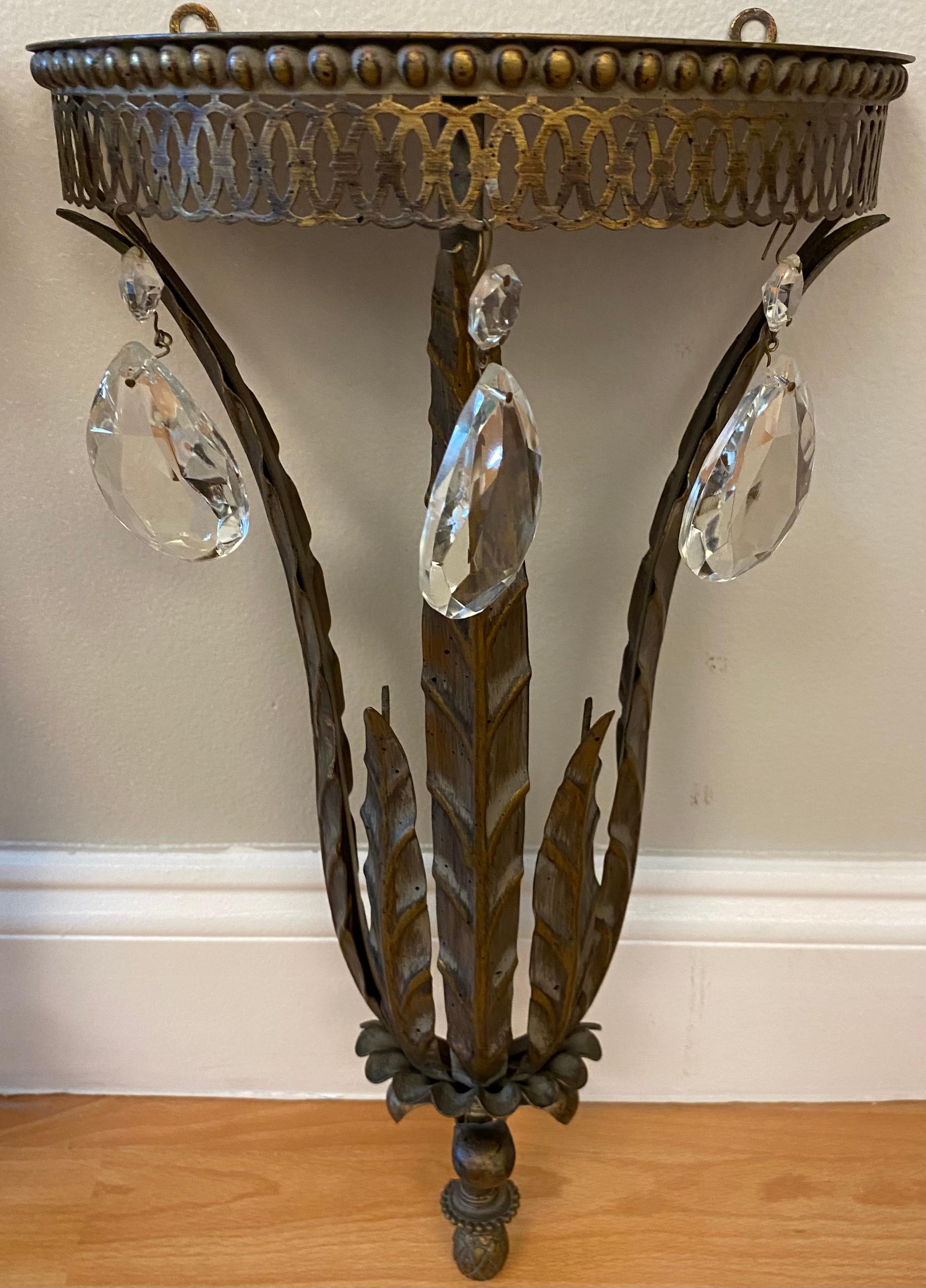 Pair of Italian Metal & Crystal Wall Brackets Shelves For Sale 2