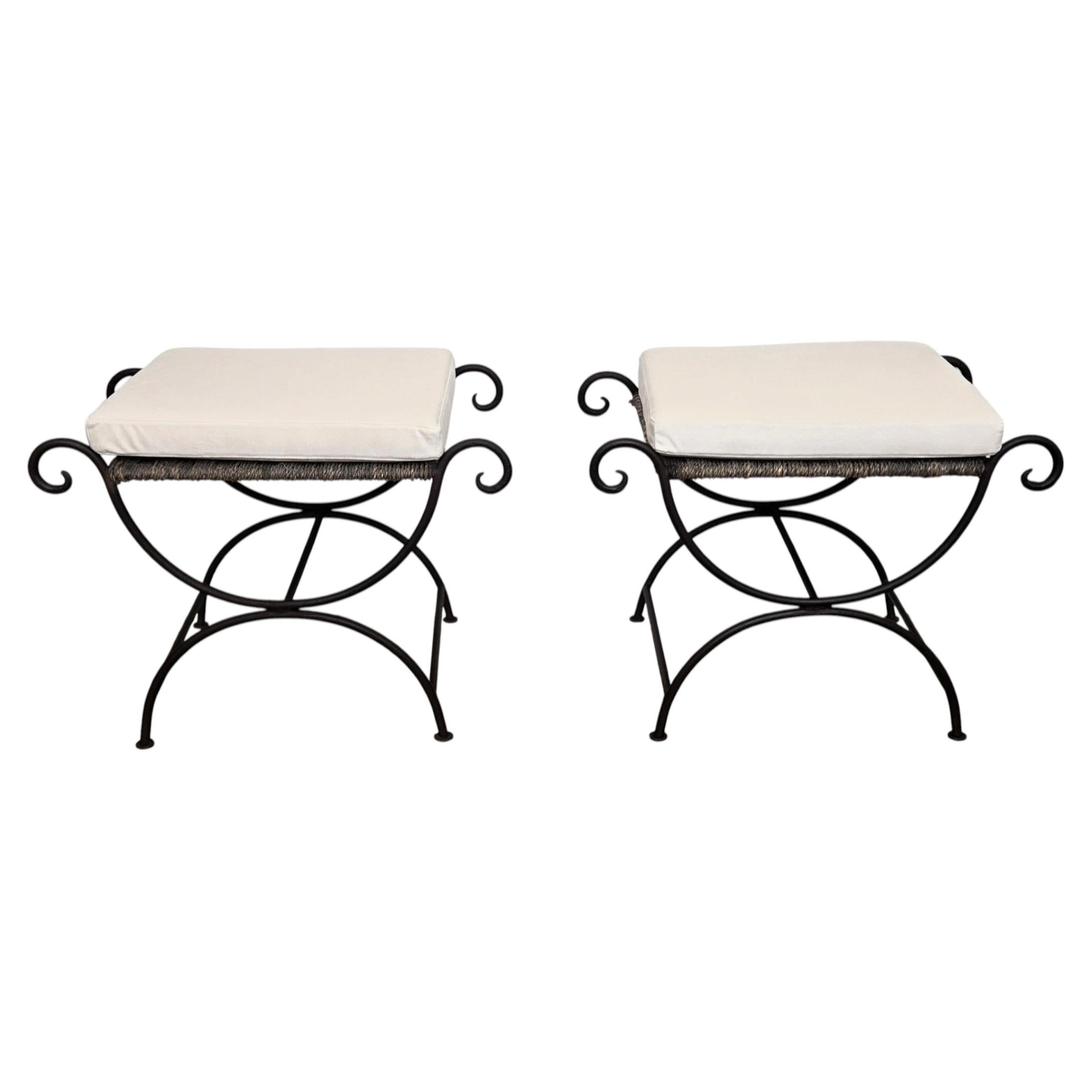 Pair of Italian Metal Iron Bench Stool Roll Arm Window Seats New Cushions