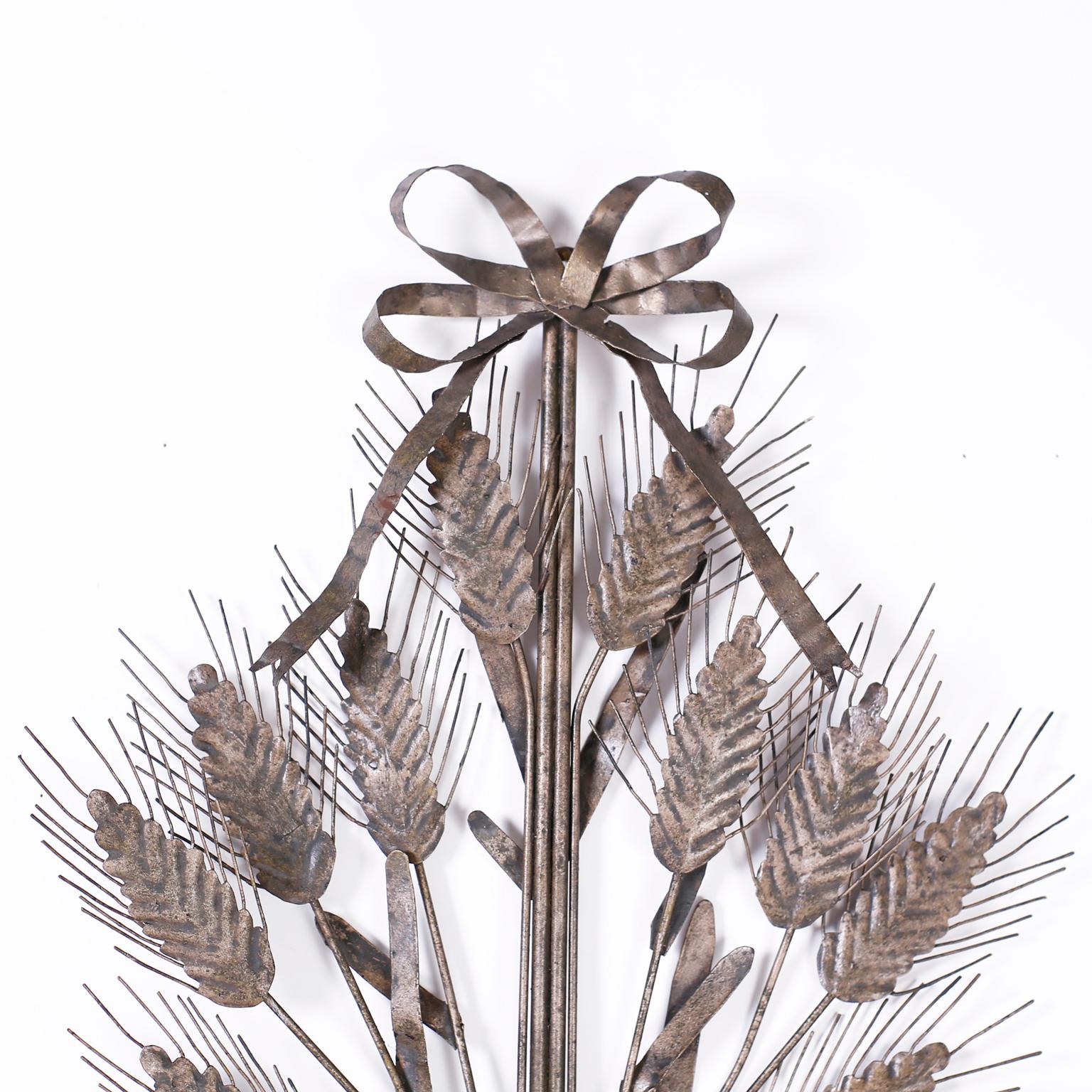 Pair of Italian Metal Wall Sconces with Cattails and Leaves In Good Condition For Sale In Palm Beach, FL