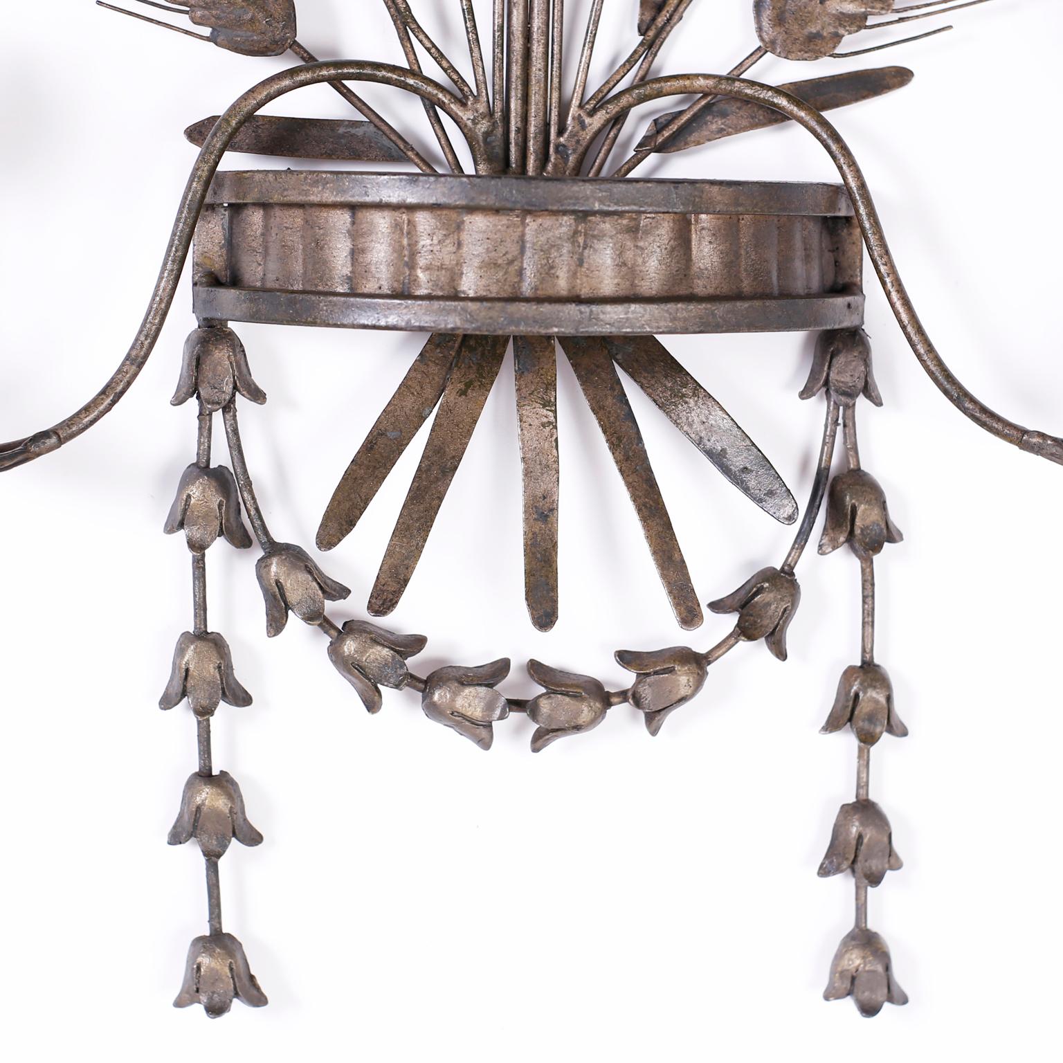 Pair of Italian Metal Wall Sconces with Cattails and Leaves For Sale 1