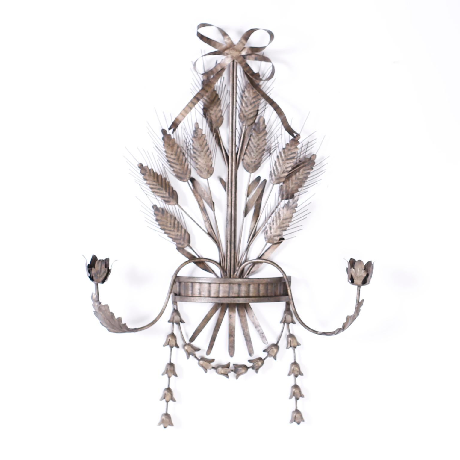Pair of Italian Metal Wall Sconces with Cattails and Leaves For Sale 3