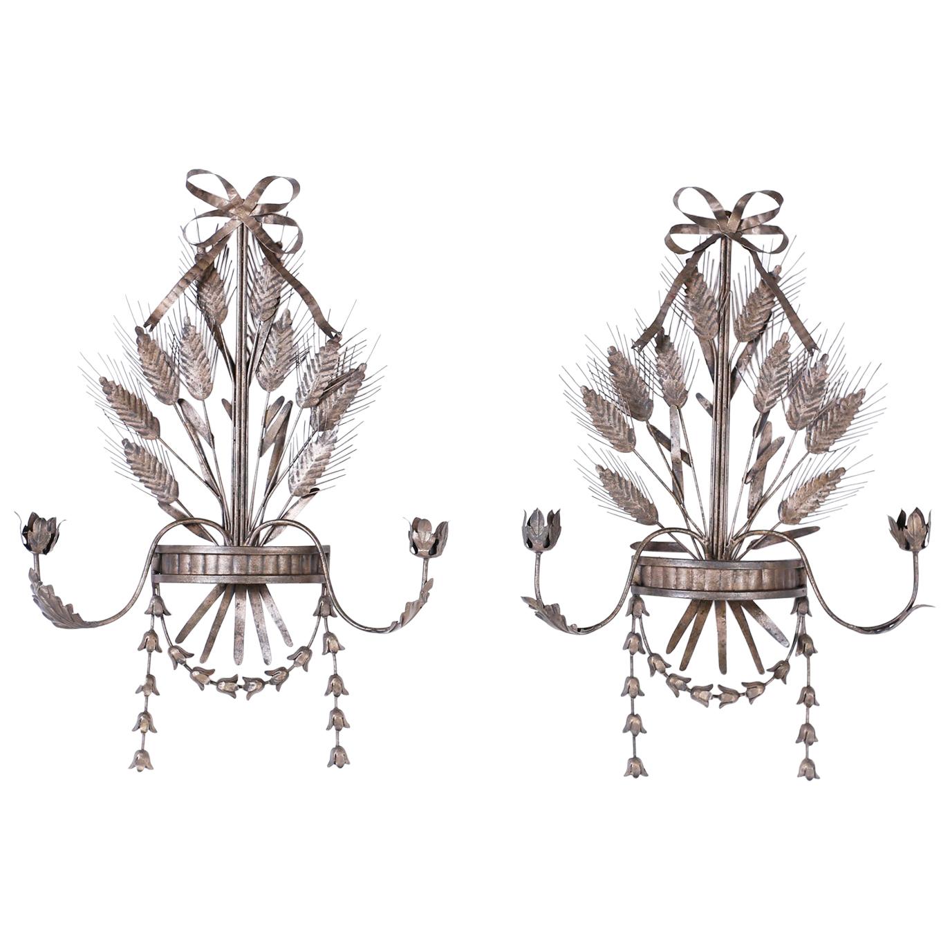 Pair of Italian Metal Wall Sconces with Cattails and Leaves For Sale