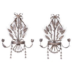 Pair of Italian Metal Wall Sconces with Cattails and Leaves