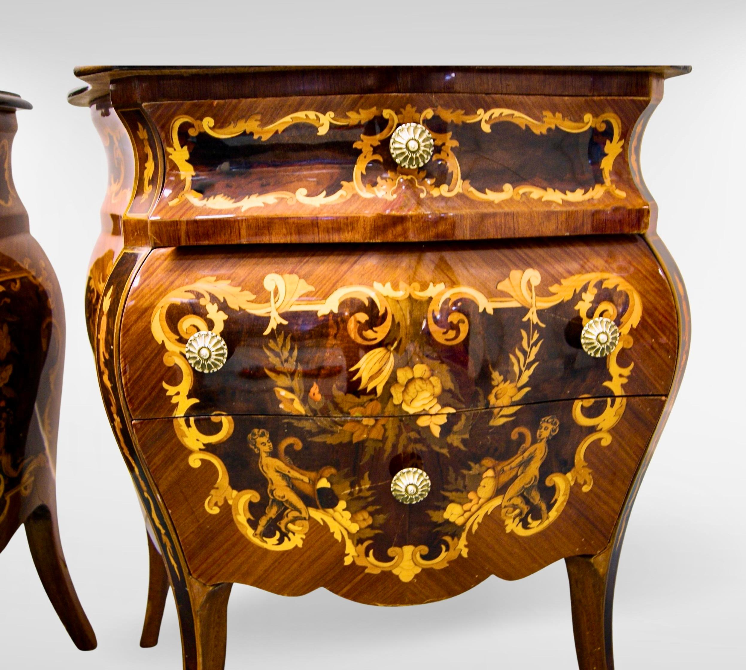 Pair of Italian Mezza Luna Inlaid Marquetry Olivewood Bombe Commodes For Sale 4