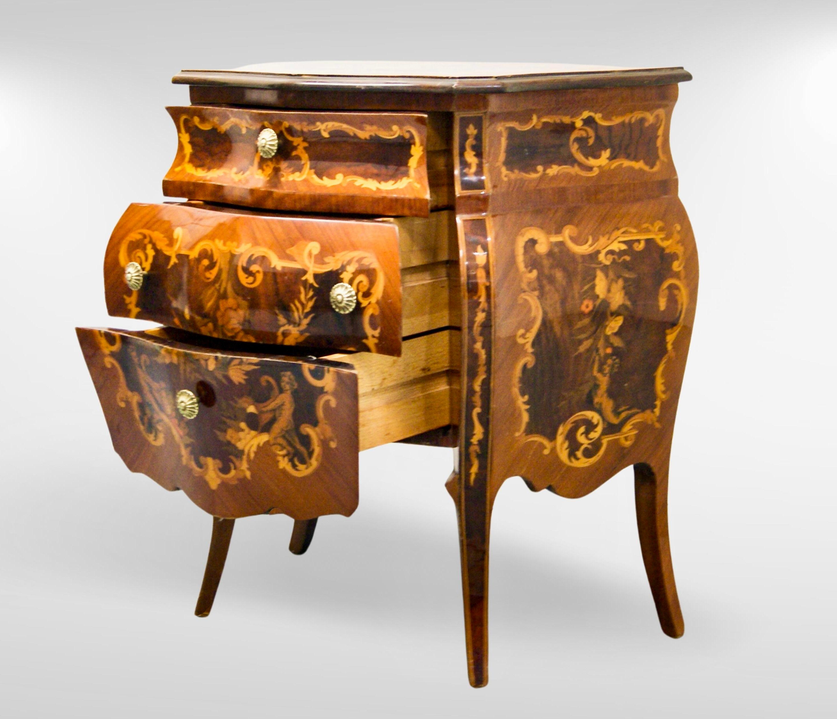 Pair of Italian Mezza Luna Inlaid Marquetry Olivewood Bombe Commodes For Sale 6