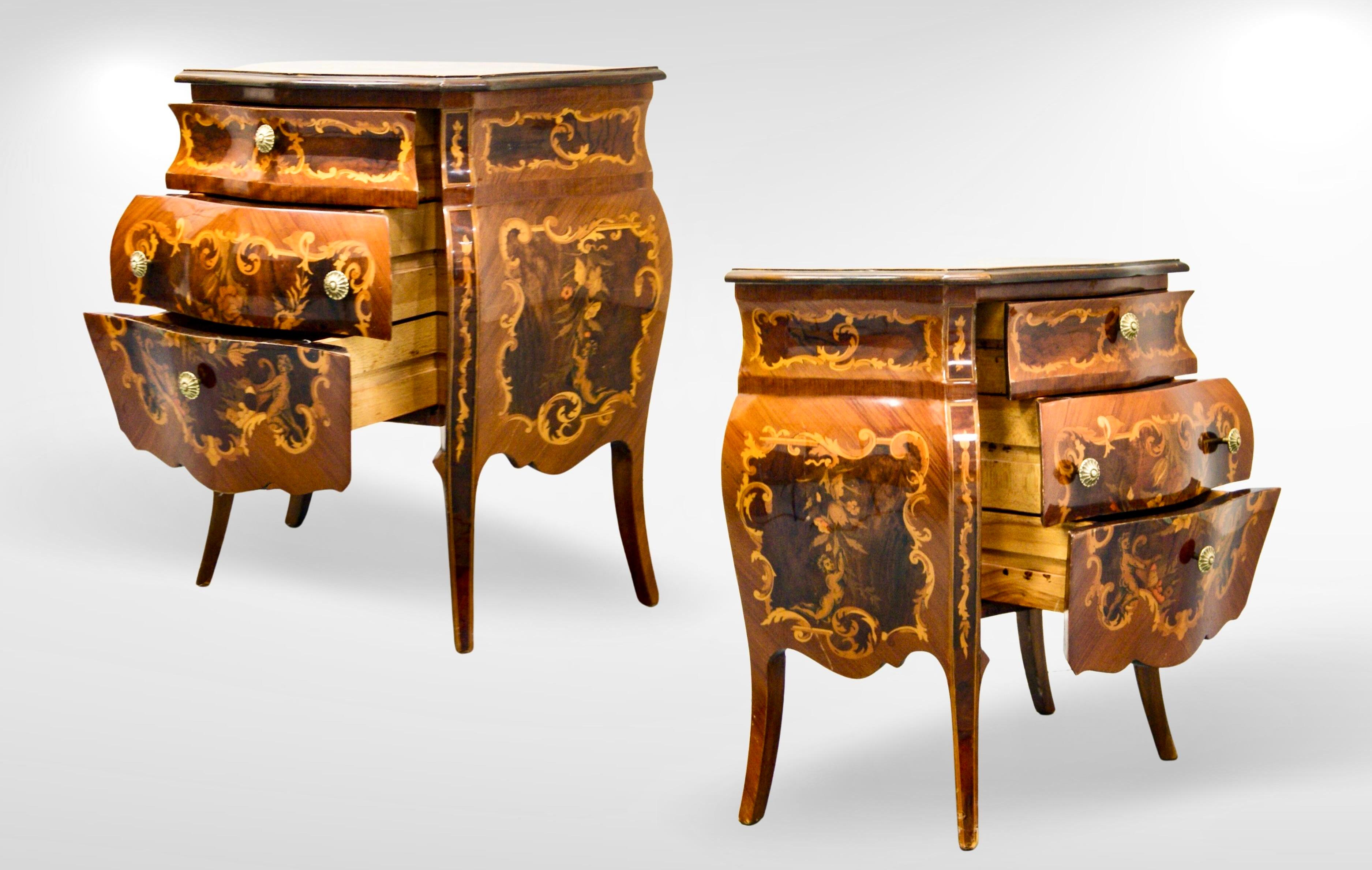 Baroque Revival Pair of Italian Mezza Luna Inlaid Marquetry Olivewood Bombe Commodes For Sale