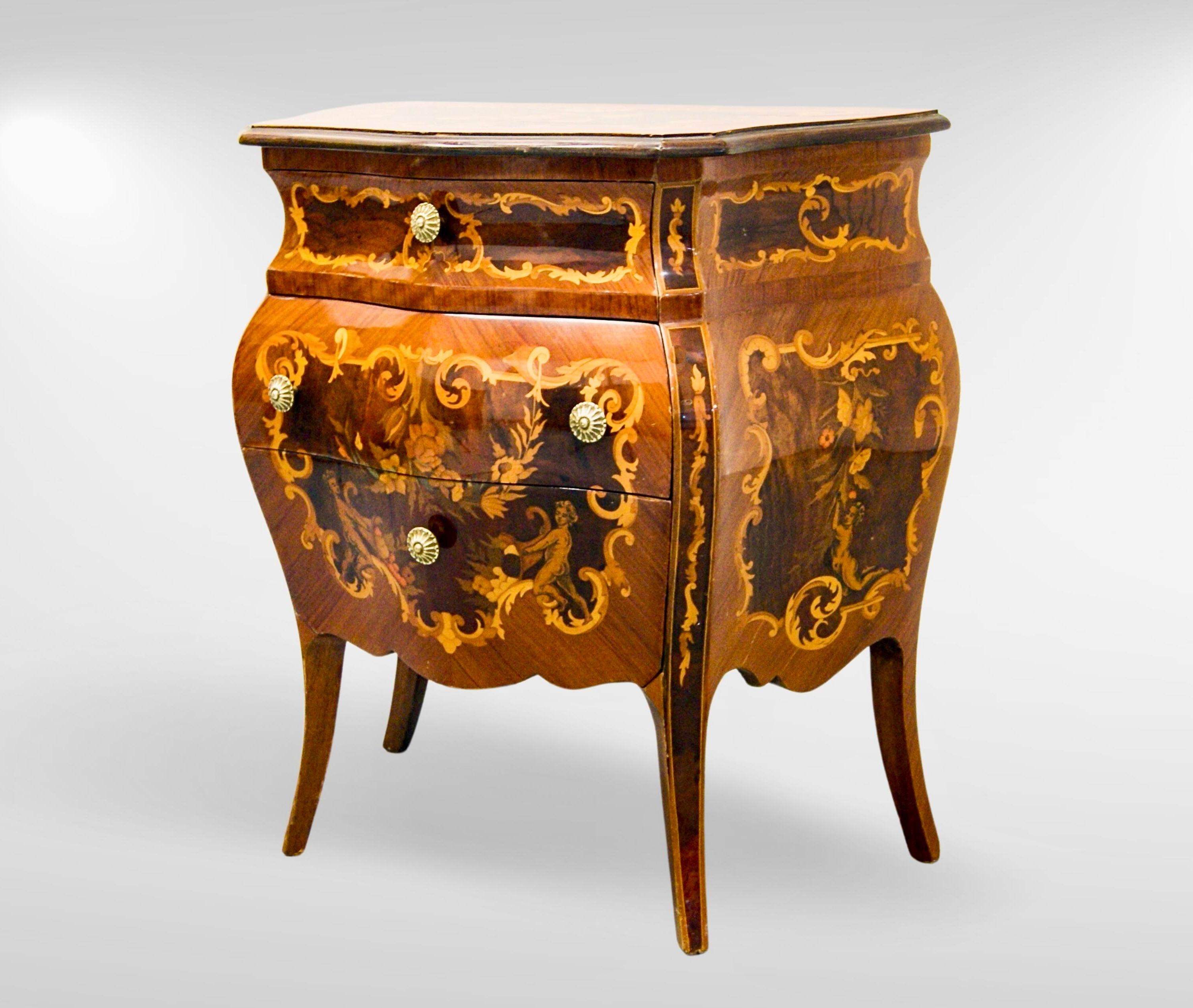 Pair of Italian Mezza Luna Inlaid Marquetry Olivewood Bombe Commodes In Good Condition For Sale In Torquay, GB