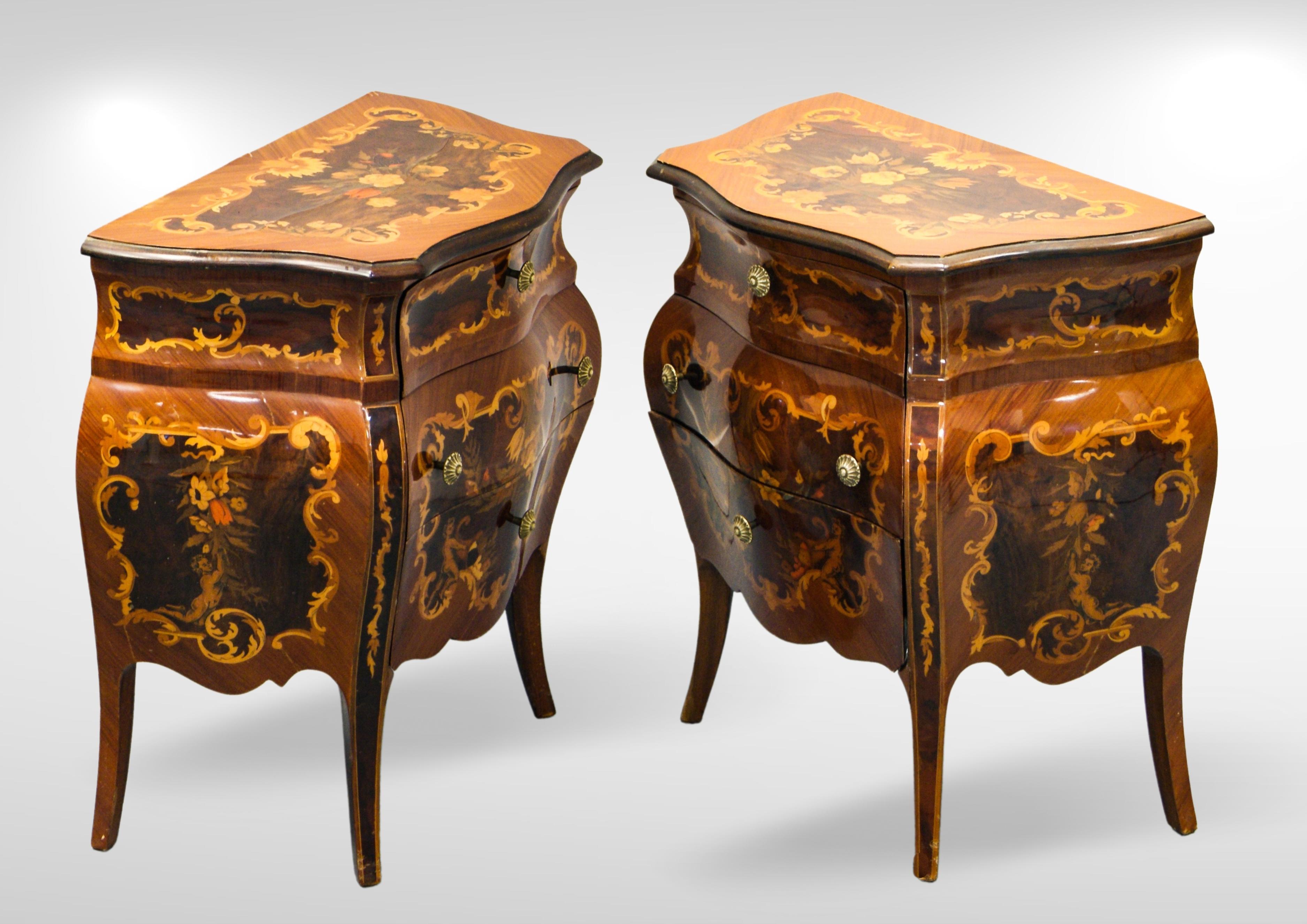 20th Century Pair of Italian Mezza Luna Inlaid Marquetry Olivewood Bombe Commodes For Sale