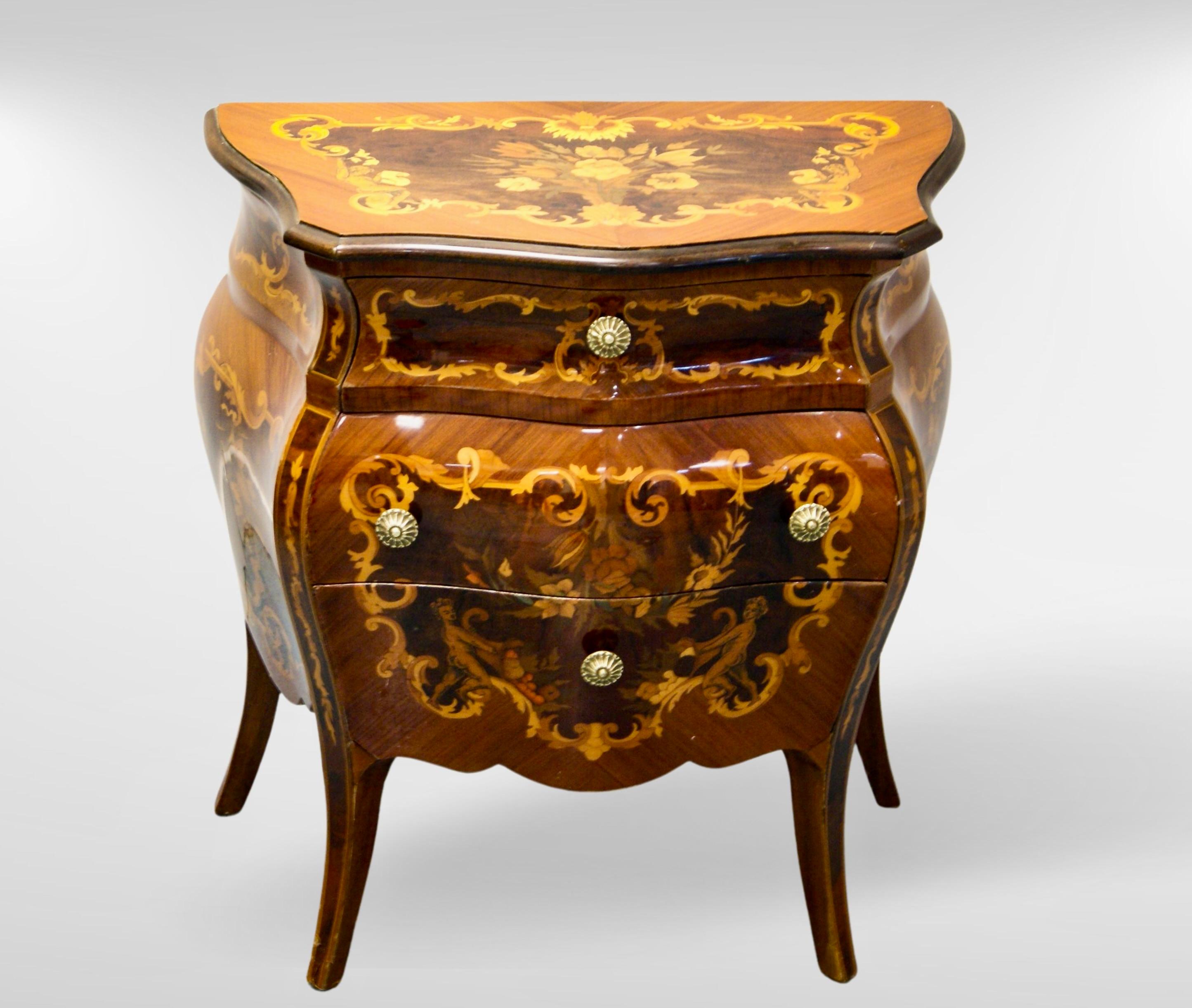 Wood Pair of Italian Mezza Luna Inlaid Marquetry Olivewood Bombe Commodes For Sale