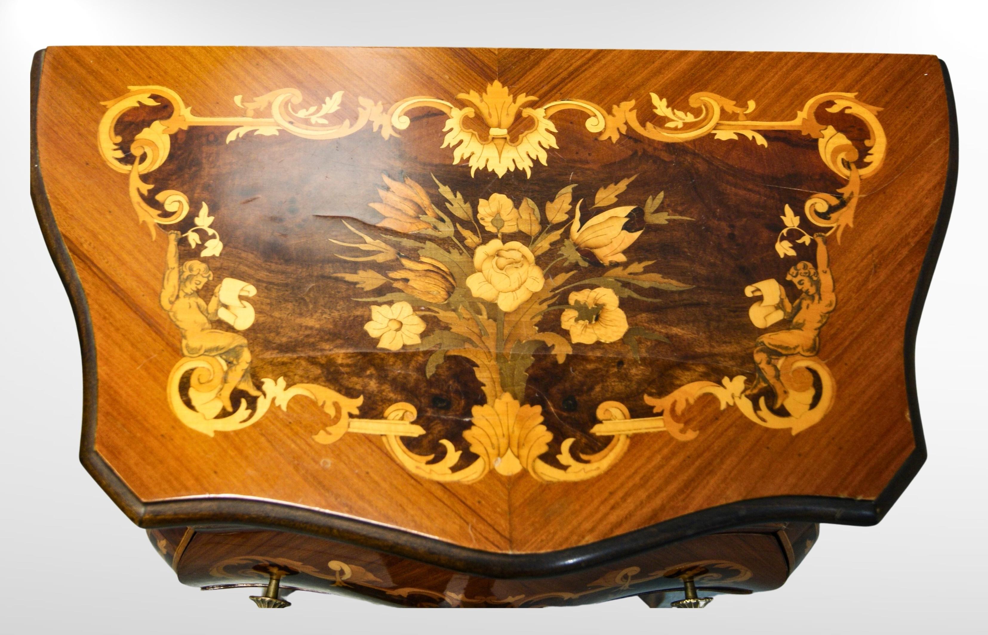 Pair of Italian Mezza Luna Inlaid Marquetry Olivewood Bombe Commodes For Sale 1