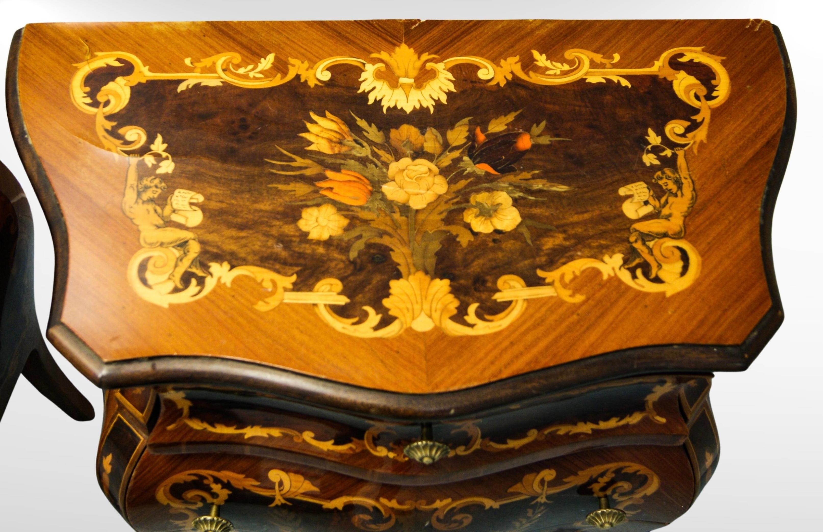 Pair of Italian Mezza Luna Inlaid Marquetry Olivewood Bombe Commodes For Sale 2