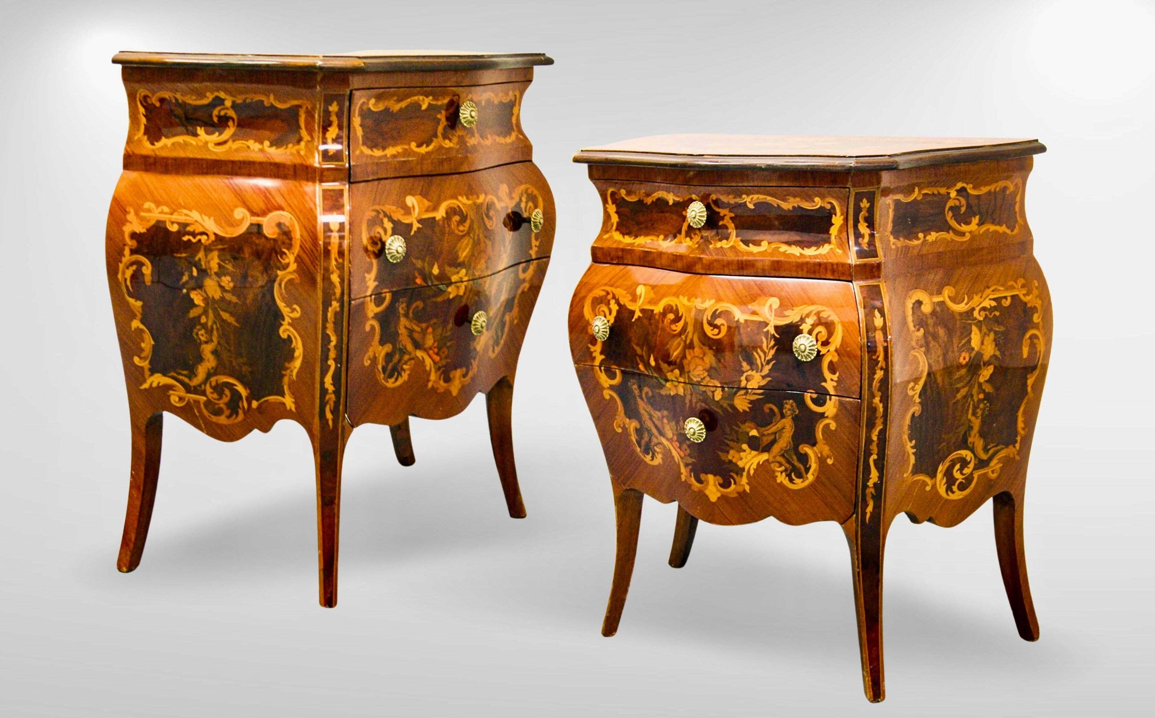 Pair of Italian Mezza Luna Inlaid Marquetry Olivewood Bombe Commodes For Sale 3