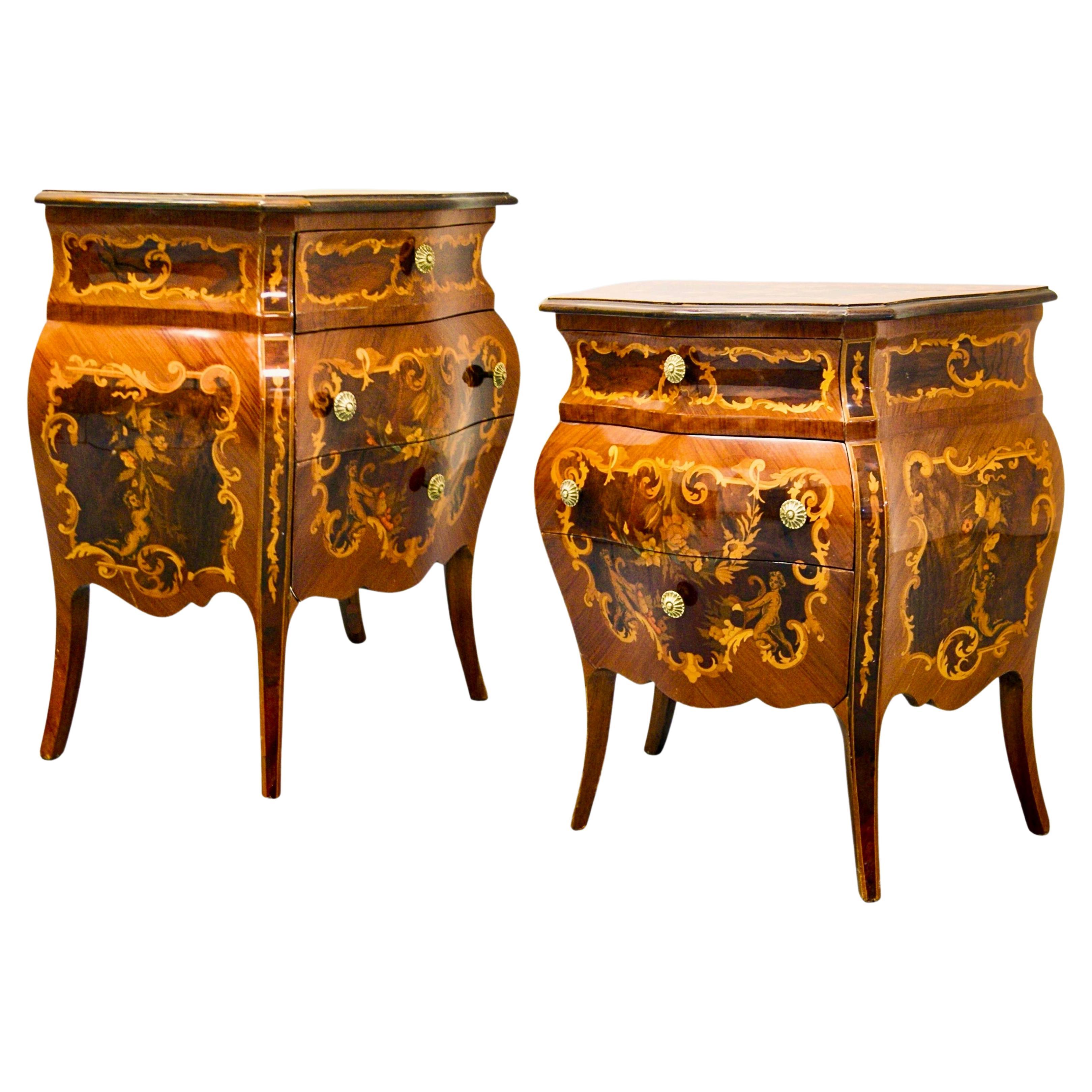 Pair of Italian Mezza Luna Inlaid Marquetry Olivewood Bombe Commodes For Sale