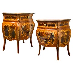 Pair of Italian Mezza Luna Inlaid Marquetry Olivewood Bombe Commodes