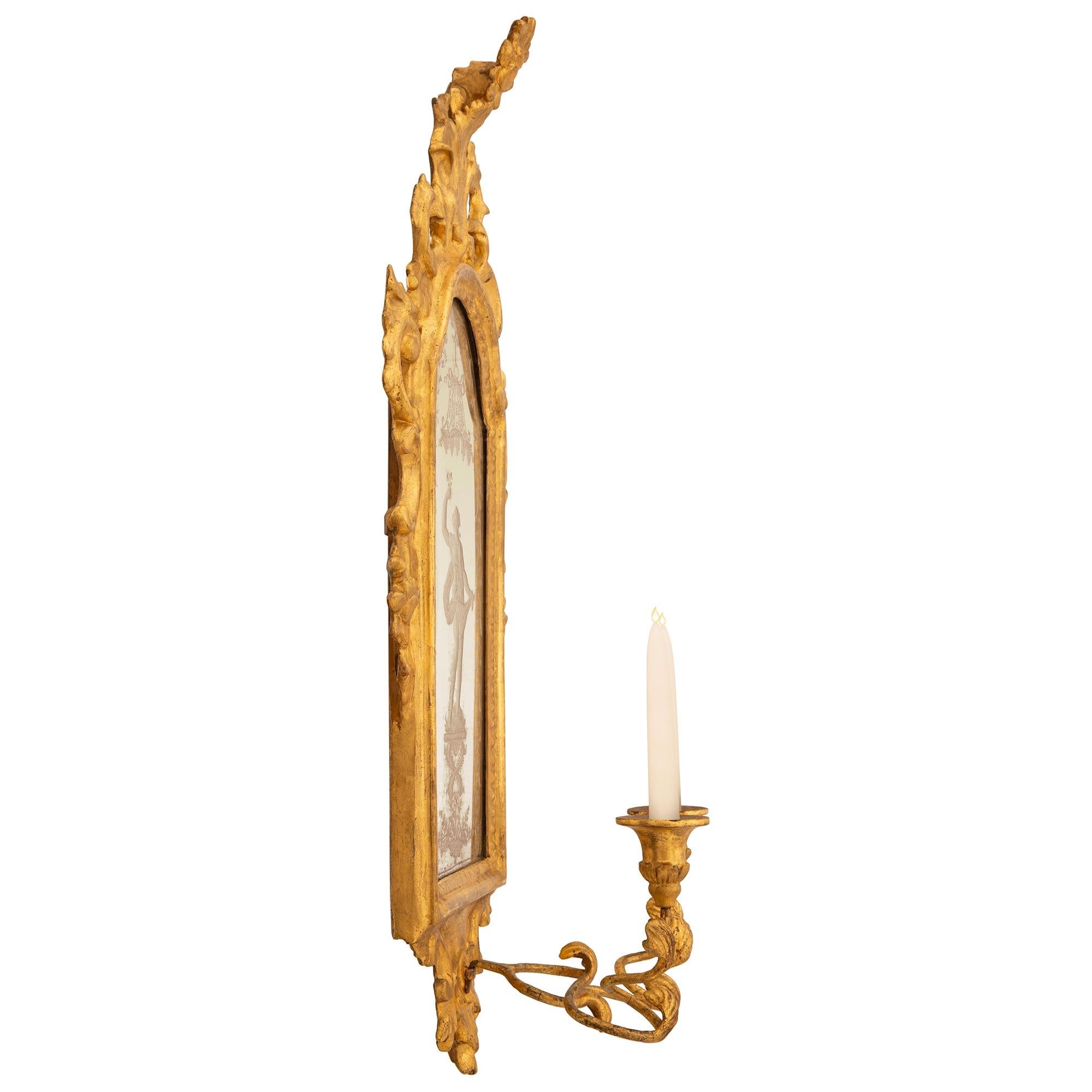 18th Century and Earlier pair of Italian mid 18th century Baroque Period Giltwood mirrored sconces For Sale
