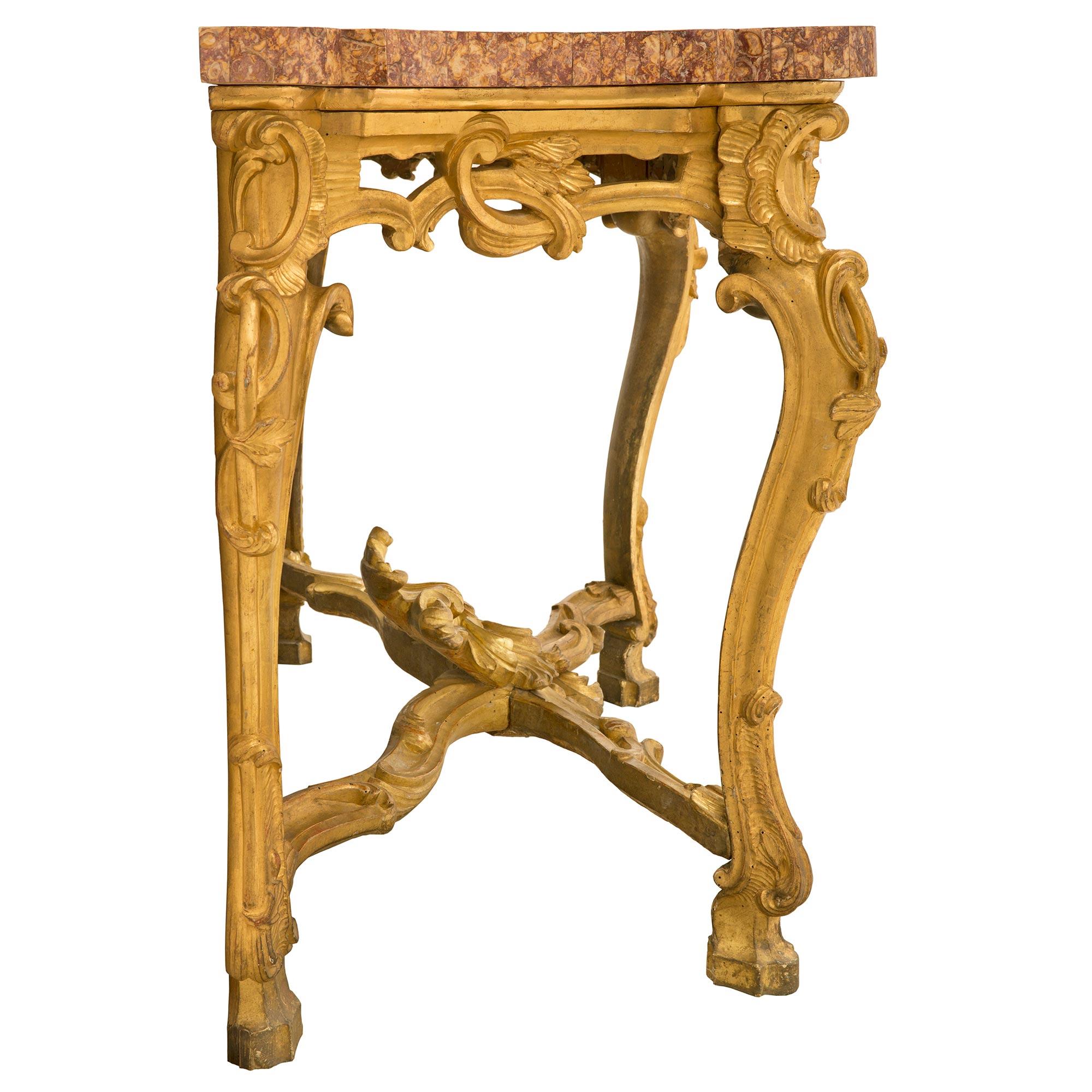 18th Century and Earlier Pair of Italian Mid-18th Century Louis XV Period Giltwood Consoles For Sale