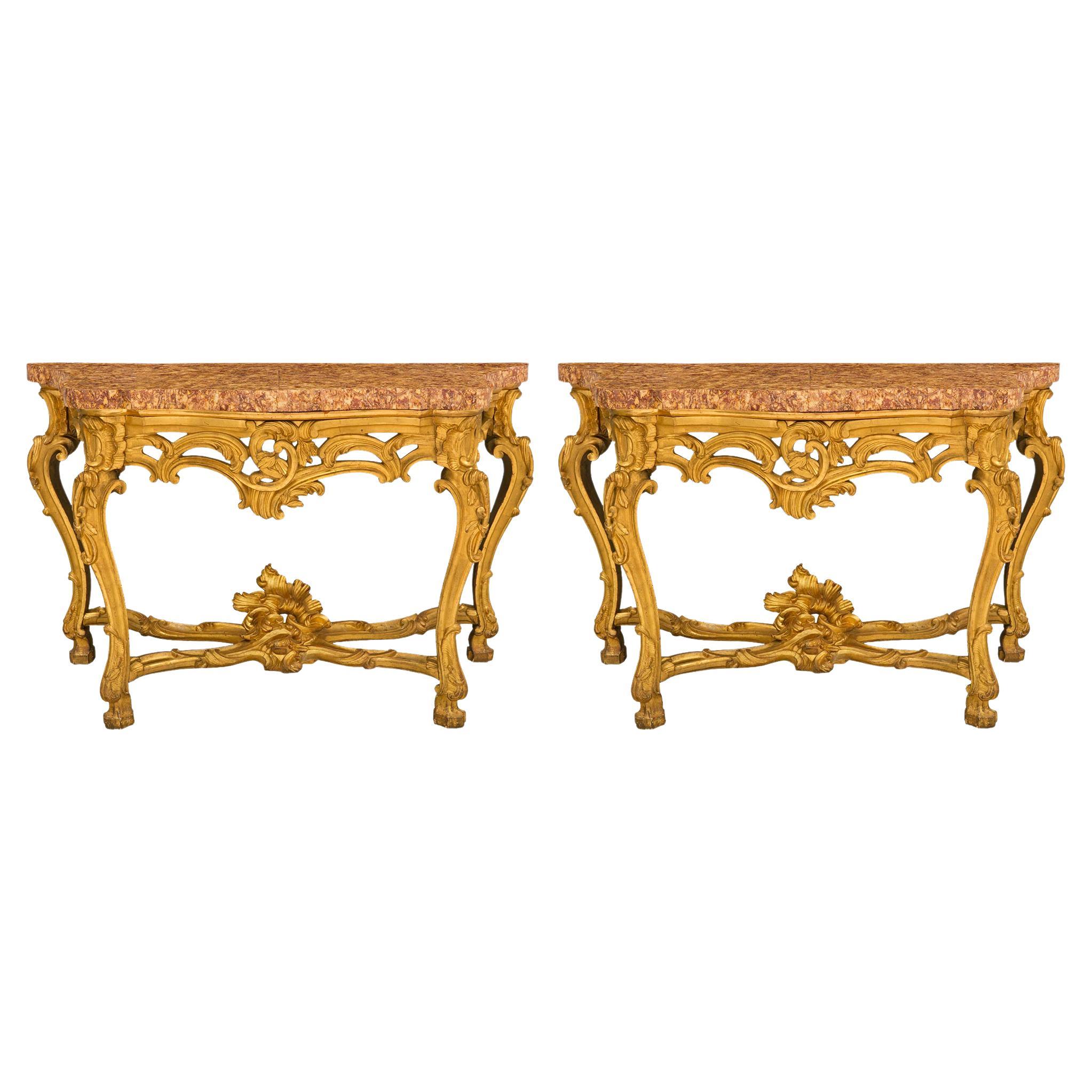 Pair of Italian Mid-18th Century Louis XV Period Giltwood Consoles For Sale