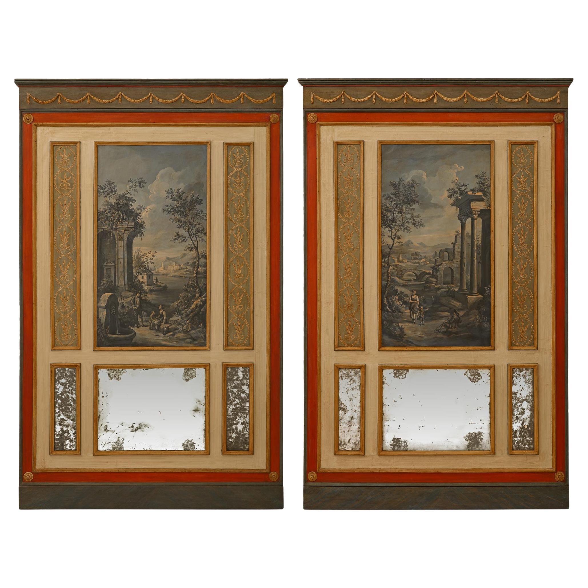 pair of Italian mid 18th century Louis XVI Period patinated and Giltwood mirrors For Sale