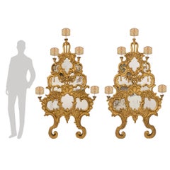 Pair of Italian Mid-18th Century, Mirrored Giltwood Baroque Sconces