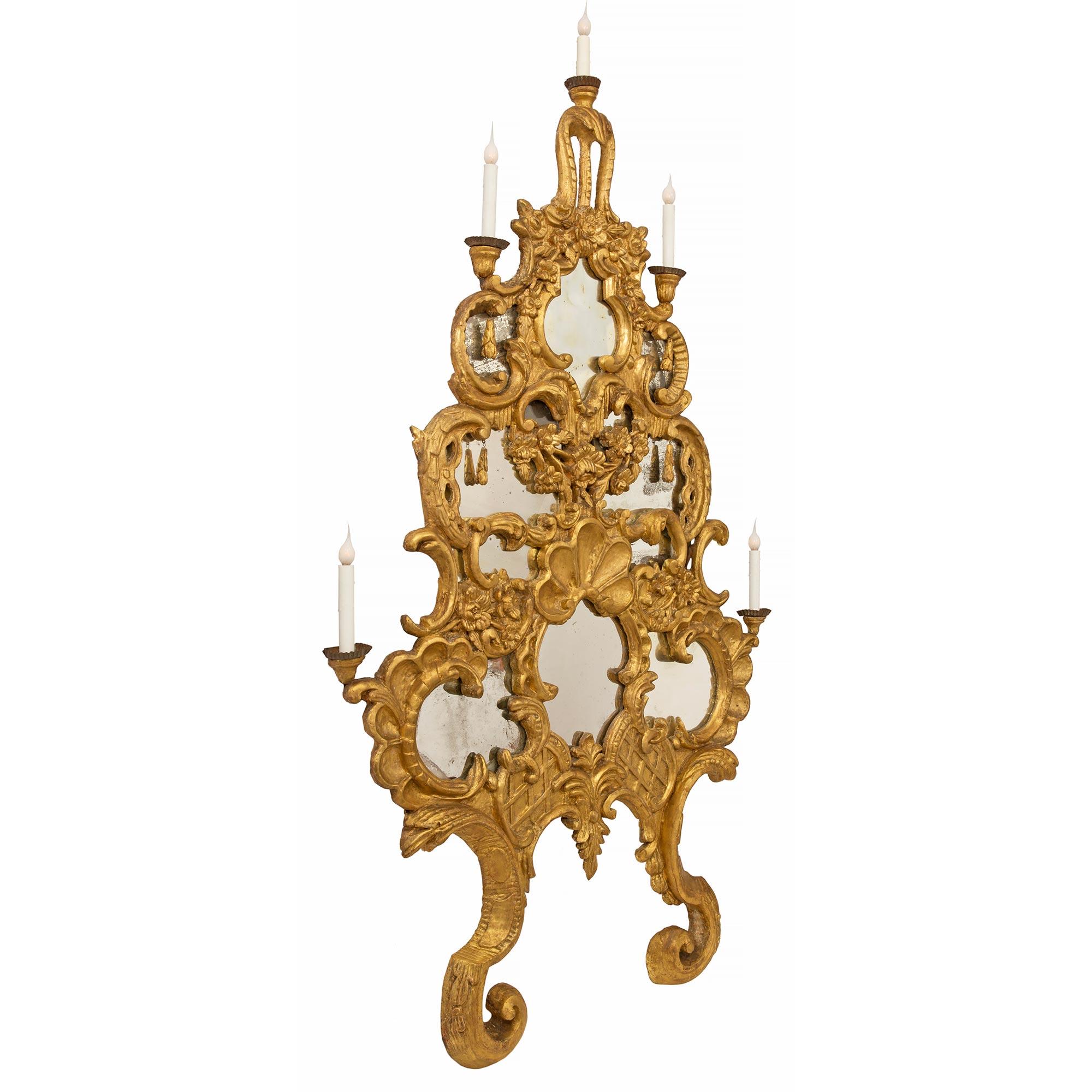 18th Century and Earlier Pair of Italian Mid-18th Century, Mirrored Giltwood Baroque Sconces For Sale