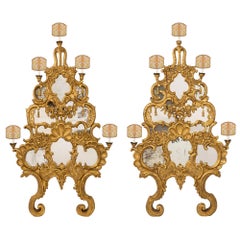 Antique Pair of Italian Mid-18th Century, Mirrored Giltwood Baroque Sconces