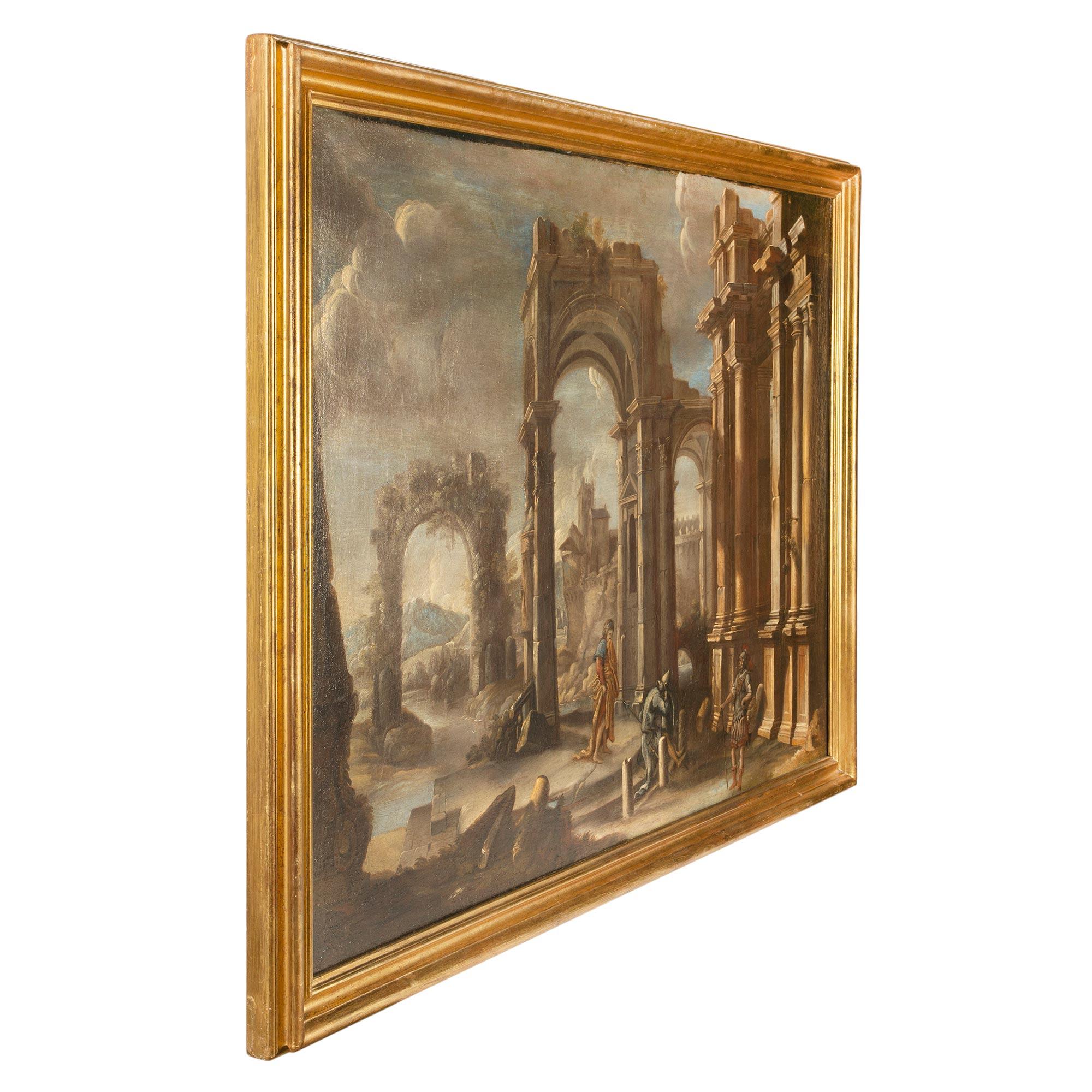 Une paire spectaculaire et extrêmement bien exécutée de peintures italiennes de ruines à l'huile sur toile du milieu du 18e siècle. Chaque tableau présente de merveilleuses perspectives, des détails architecturaux exceptionnels et des personnages