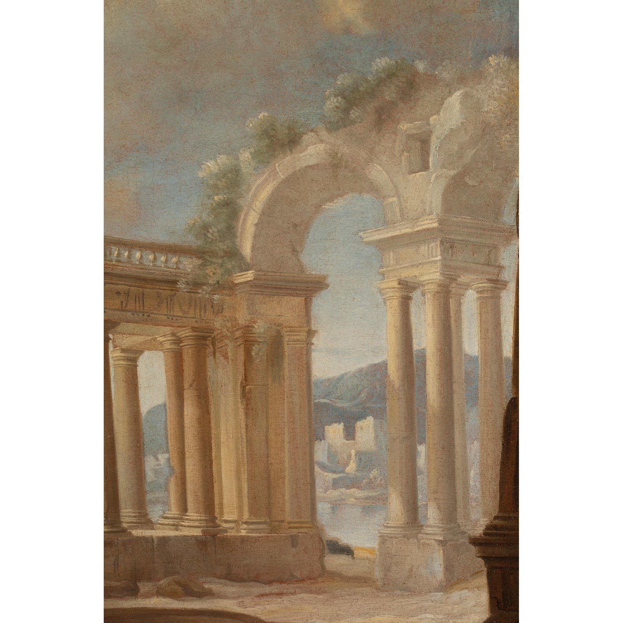 XVIIIe siècle et antérieur Paire de peintures à l'huile sur toile italiennes de maîtres anciens du milieu du XVIIIe siècle représentant des ruines en vente