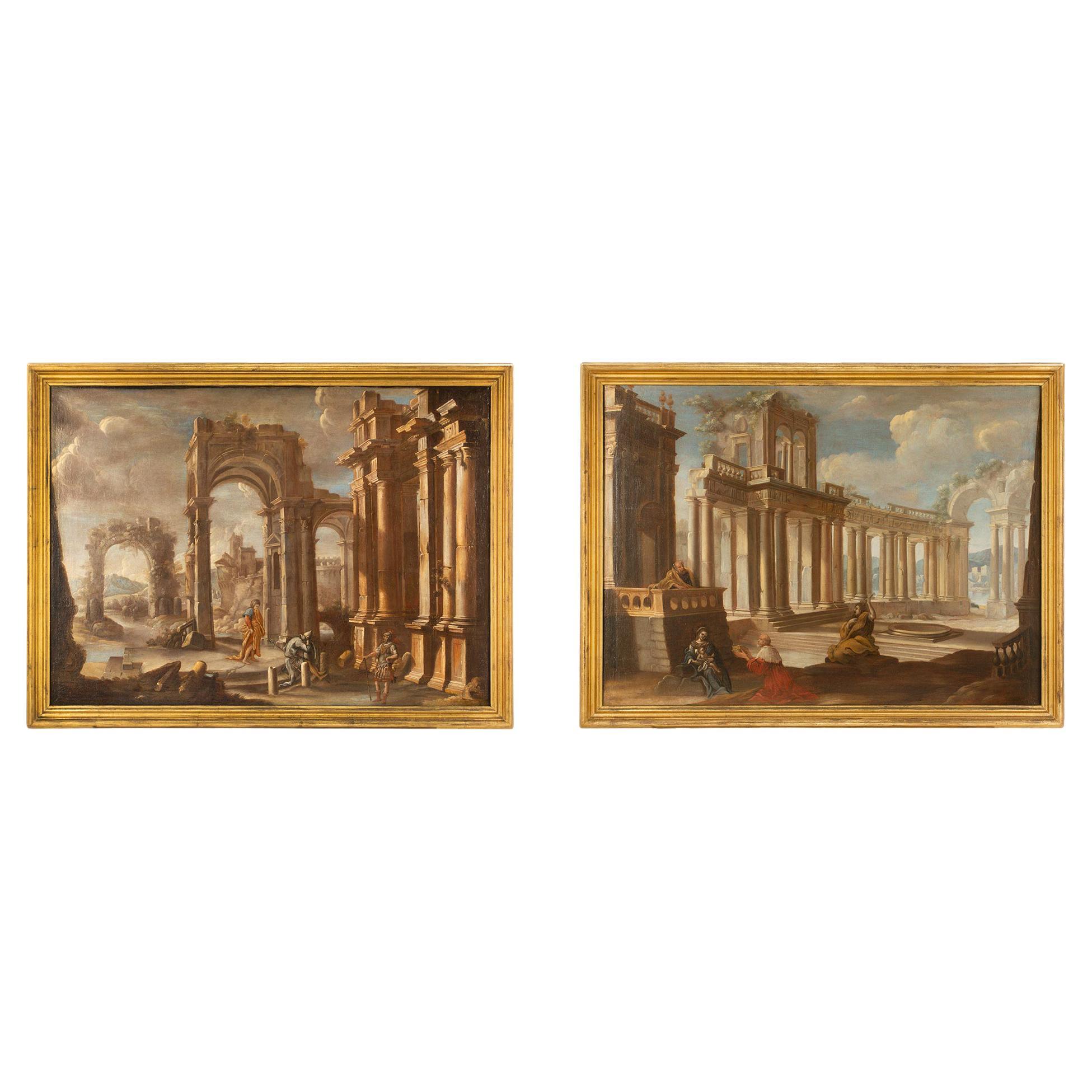 Paire de peintures à l'huile sur toile italiennes de maîtres anciens du milieu du XVIIIe siècle représentant des ruines