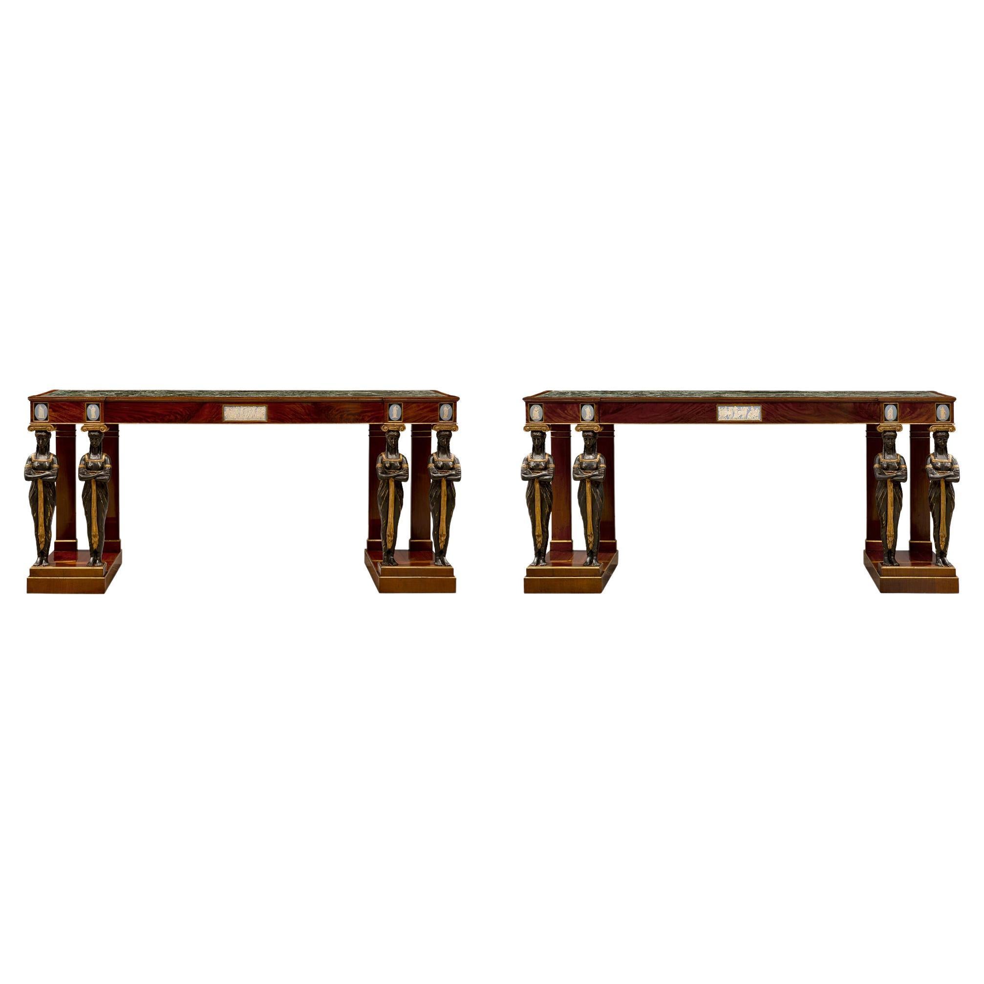 Pair of Italian Mid-19th Century Empire Style Mahogany Consoles from Naples