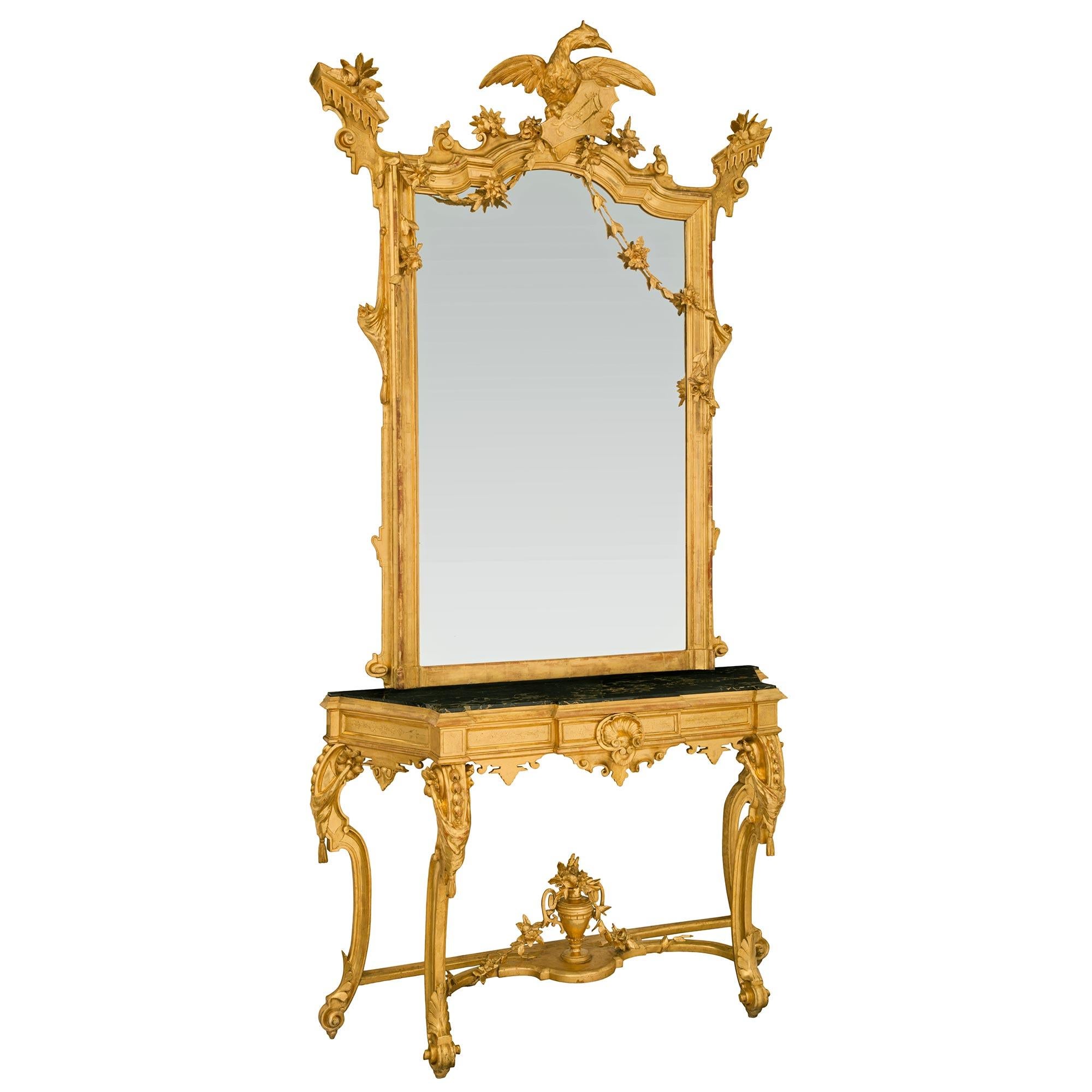 Neoclassical Pair of Italian Mid-19th Century Giltwood Consoles with Matching Mirrors For Sale