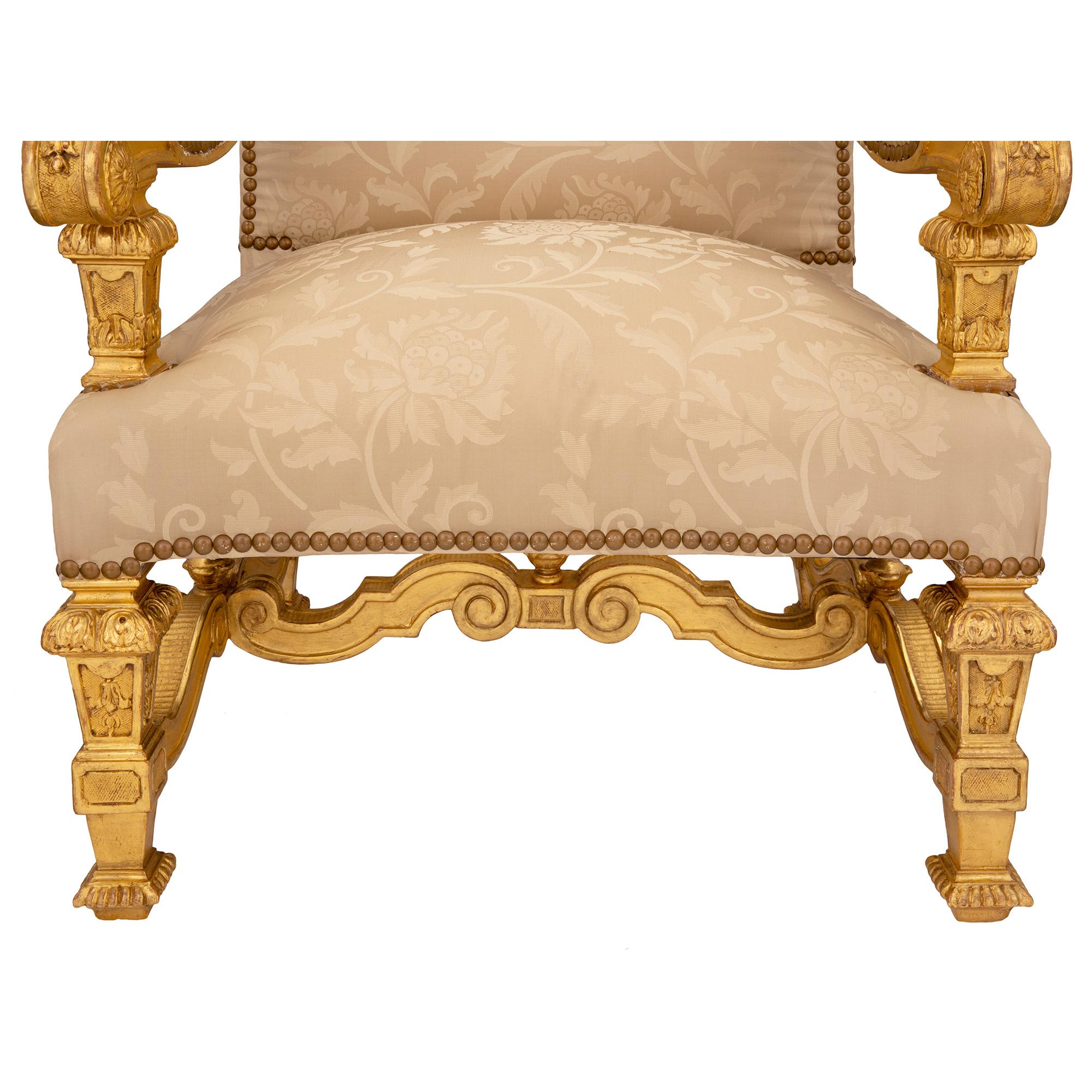 Pair of Italian Mid-19th Century Louis XIV St. Giltwood Armchairs For Sale 4